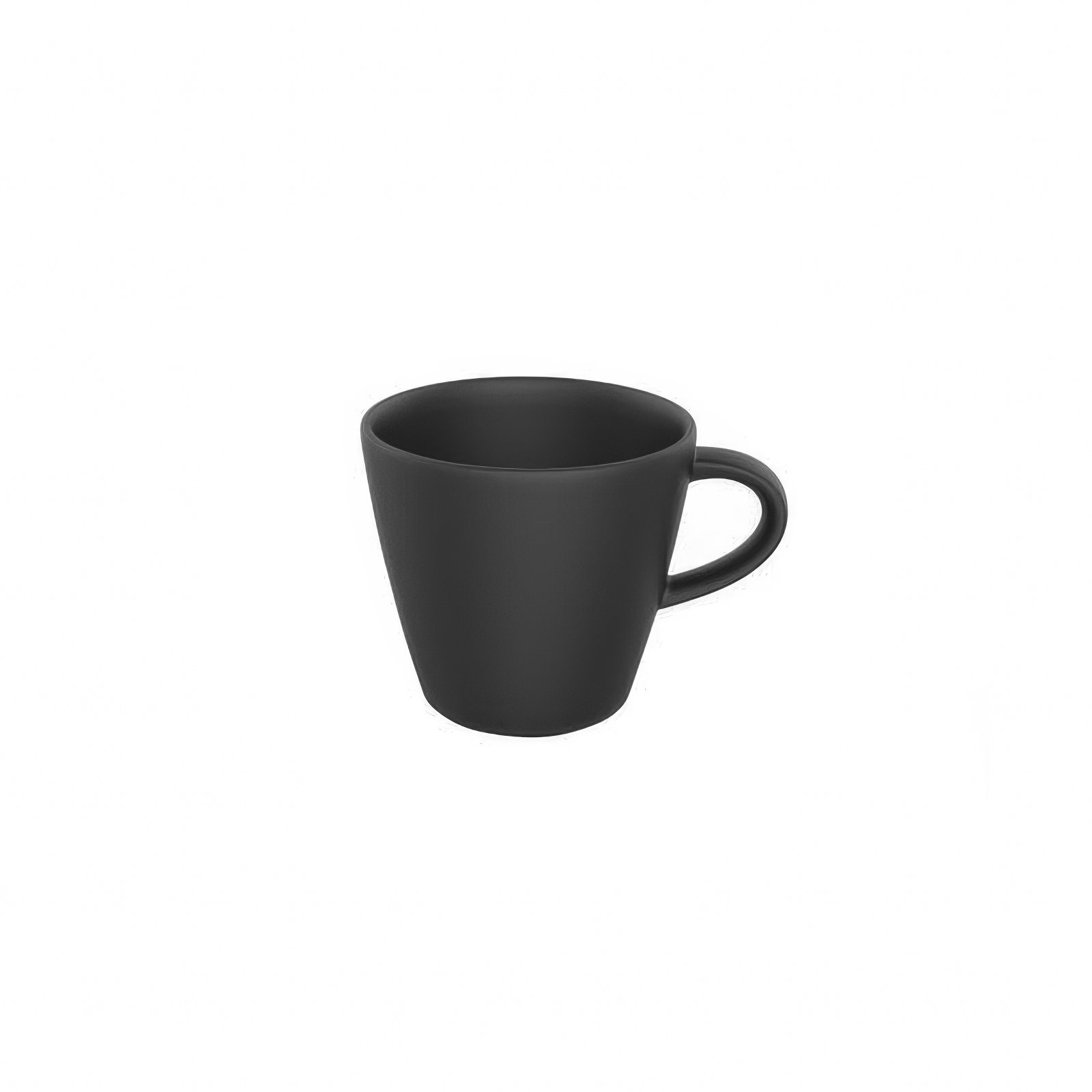 Schwarze Tasse mit einem schmalen Henkel, konische Form und matte Oberfläche, auf weißem Hintergrund.
