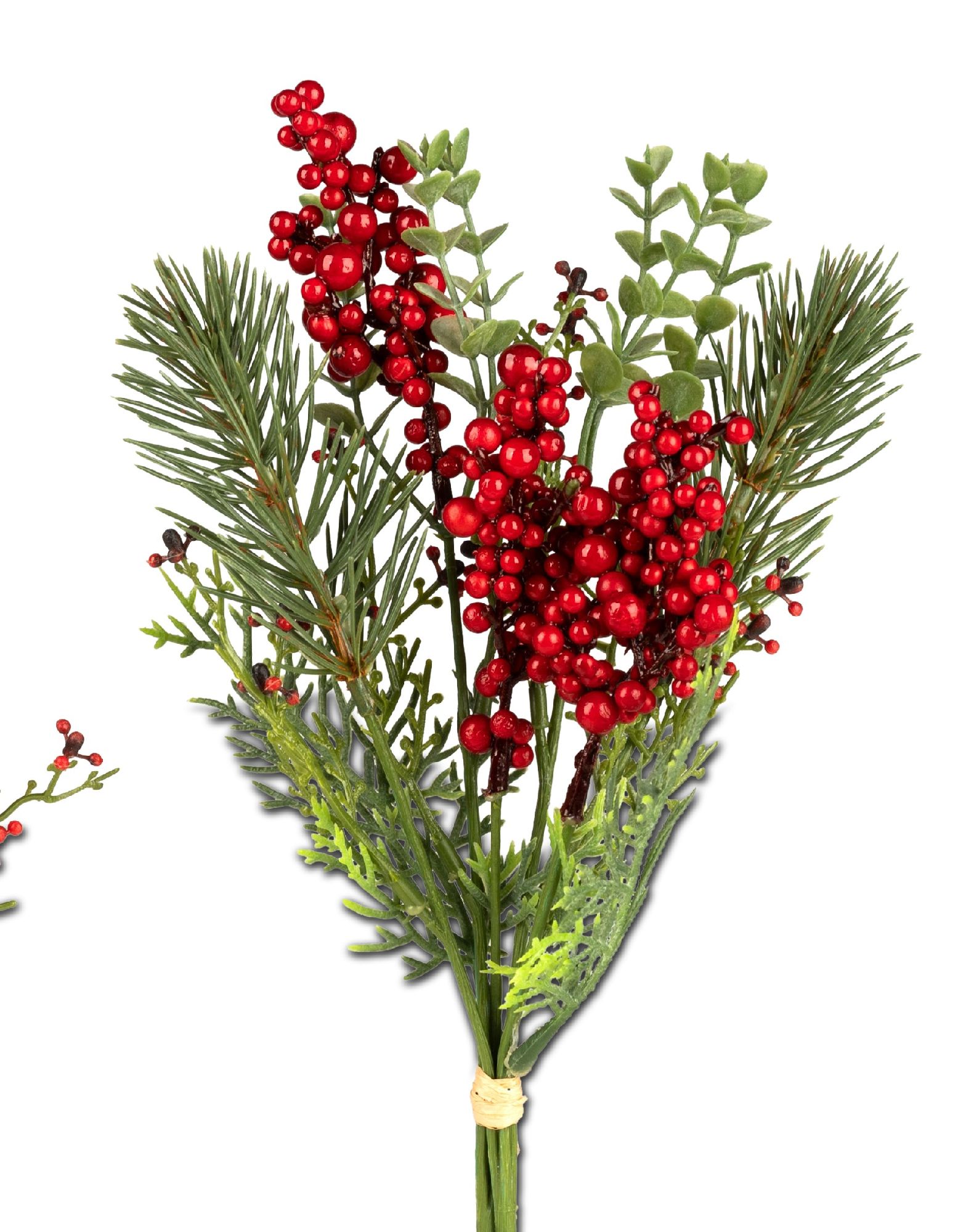 Ein Strauß mit roten Beeren, grünen Blättern und Nadelzweigen, gebündelt mit einem Gummiband.
