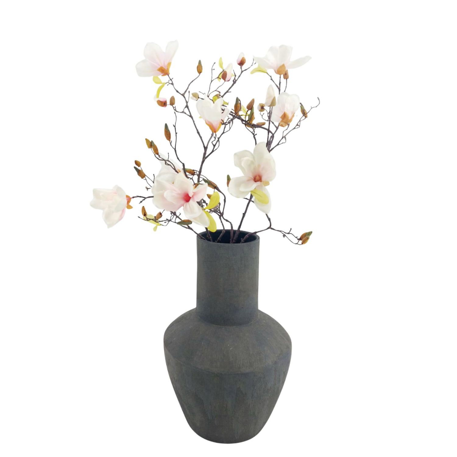 Vase mit weißen Blüten und Zweigen auf hellem Hintergrund