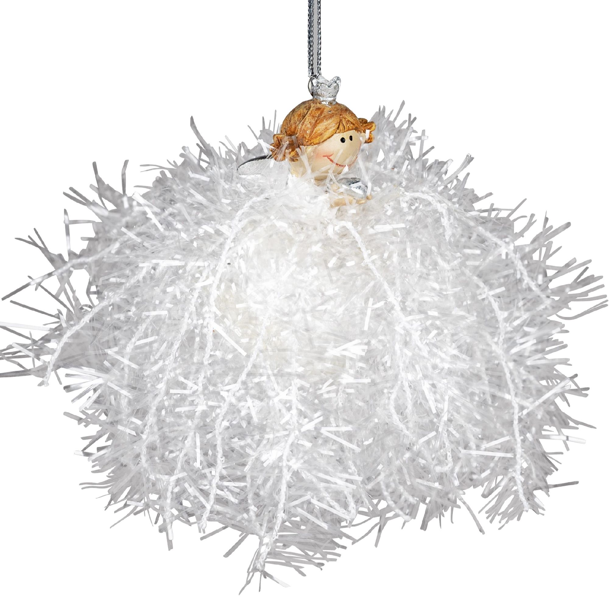 Eine weiße, flauschige Dekoration mit einer kleinen Figur eines Engels in der Mitte, die eine Krone