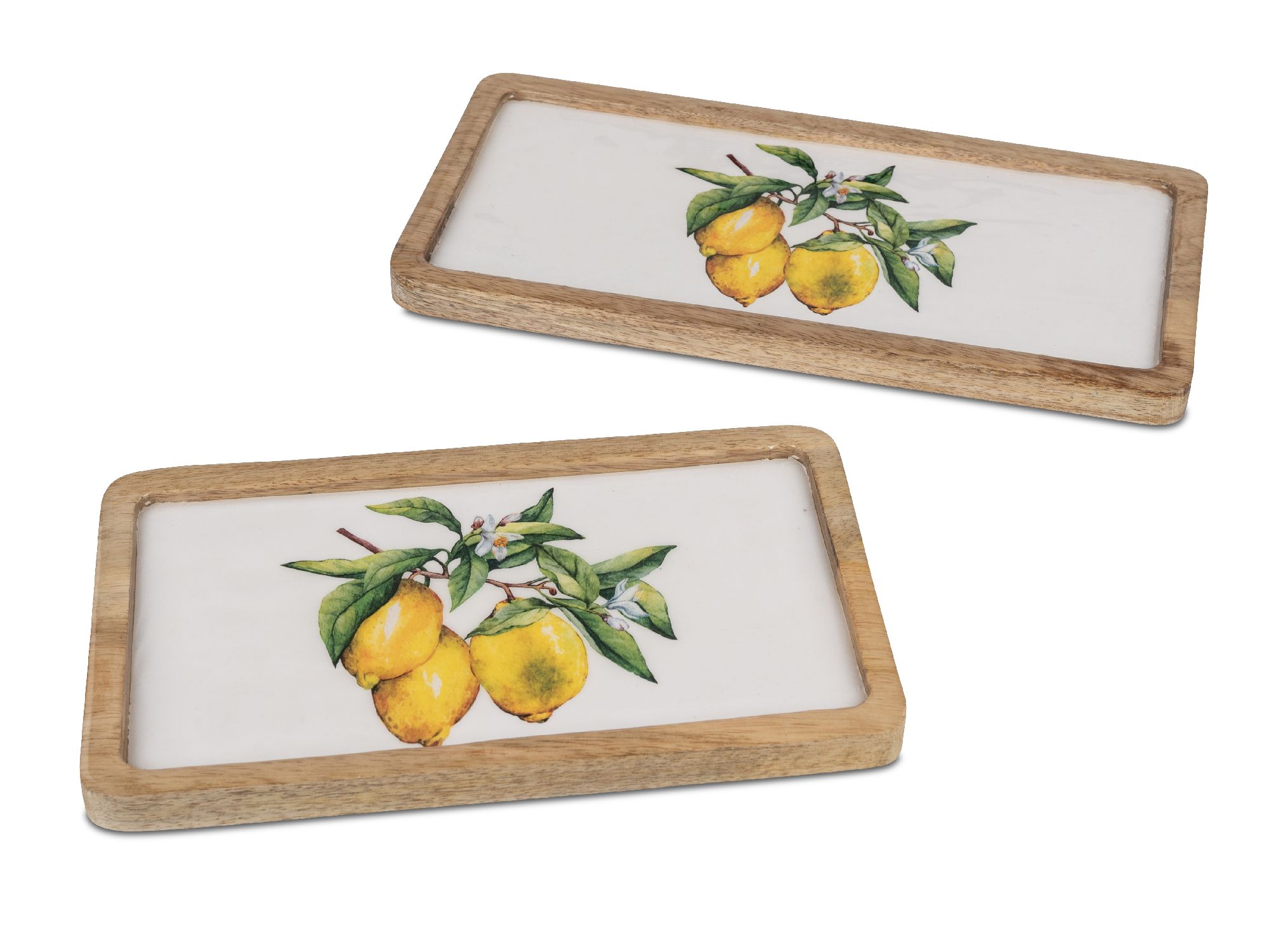 Zwei rechteckige Untersetzer aus Holz mit einer Illustration von Zitronen und grünen Blättern auf ei