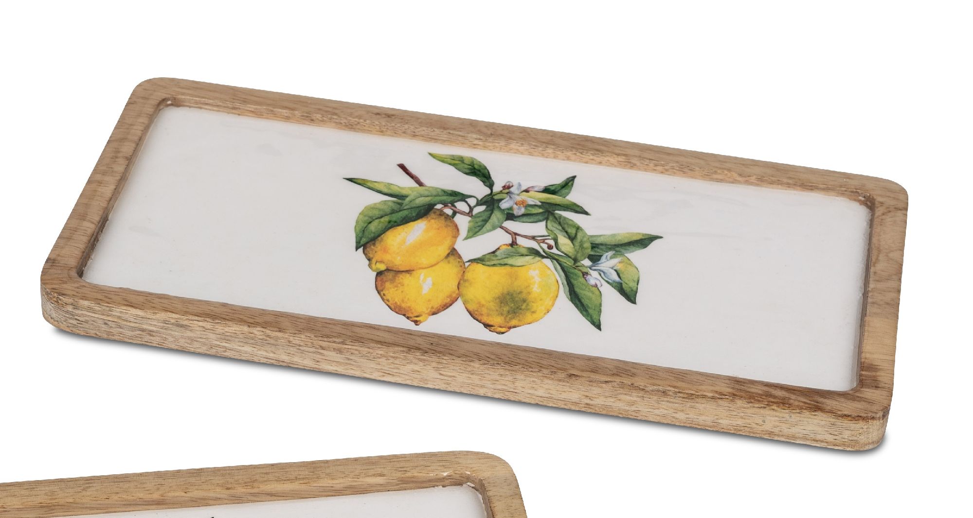 Holzbrett mit einer weißen Oberfläche und einer Illustration von zwei gelben Zitronen und grünen Blä