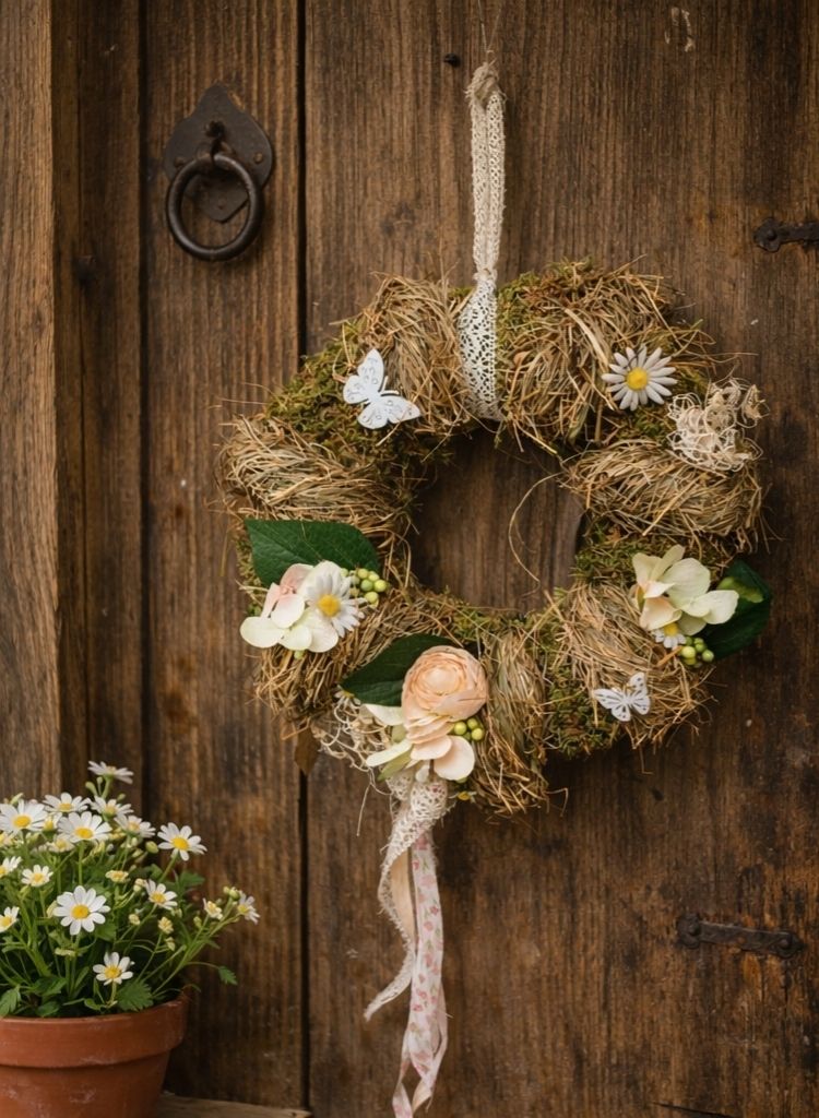 Frühlings Türkranz Ø 30cm mit Heu, Schmetterling und Blüten CreaFlor Home