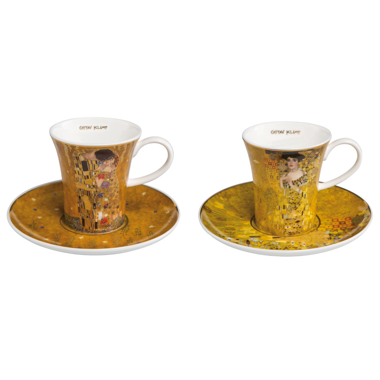 Zwei gelbgoldene Espressotassen mit Untertassen und Porträtdesigns