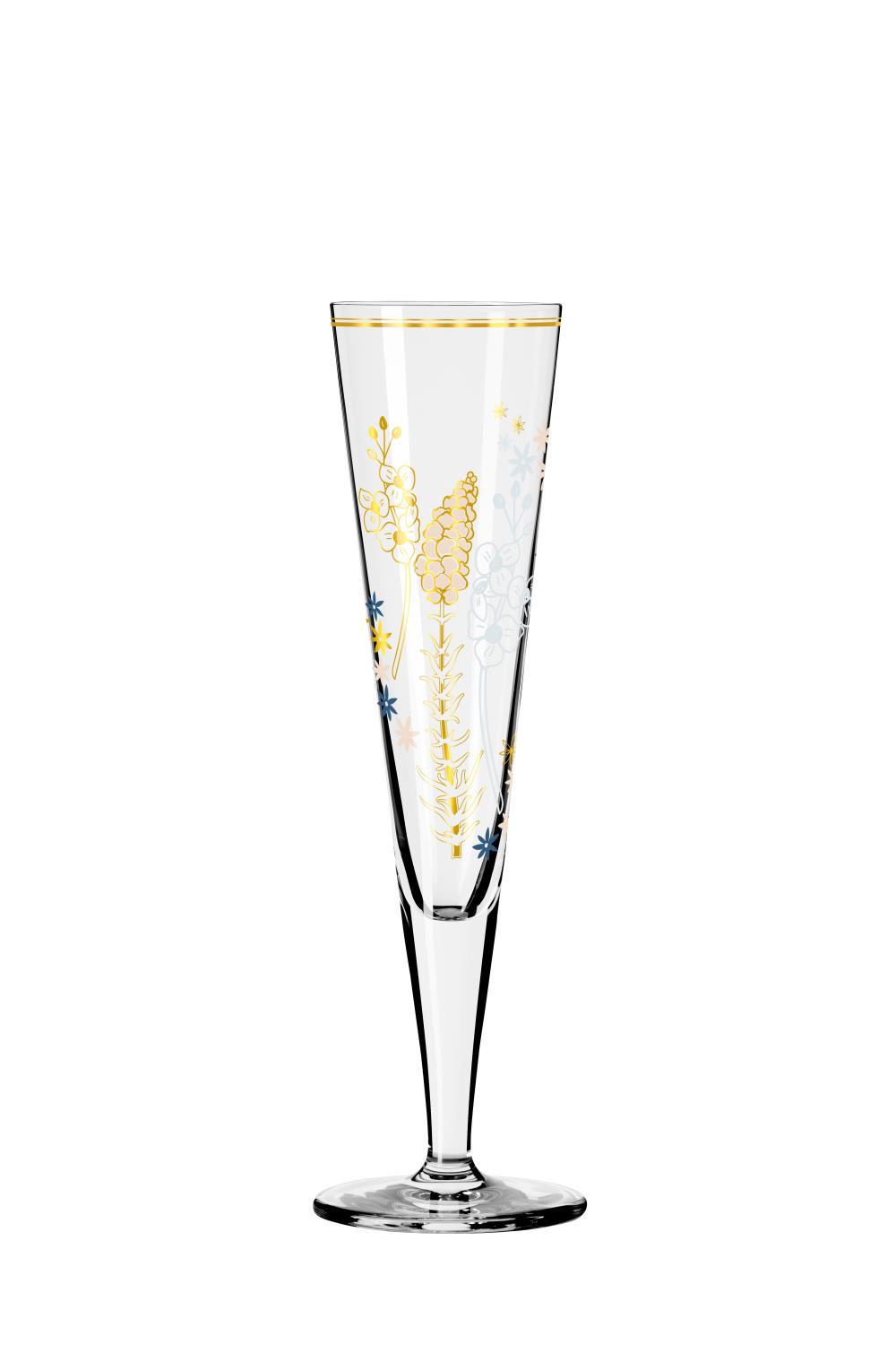 Ein schlanker, gläserner Sektkelch mit bunten Blumen- und Blattmotiven sowie einem goldenen Rand.