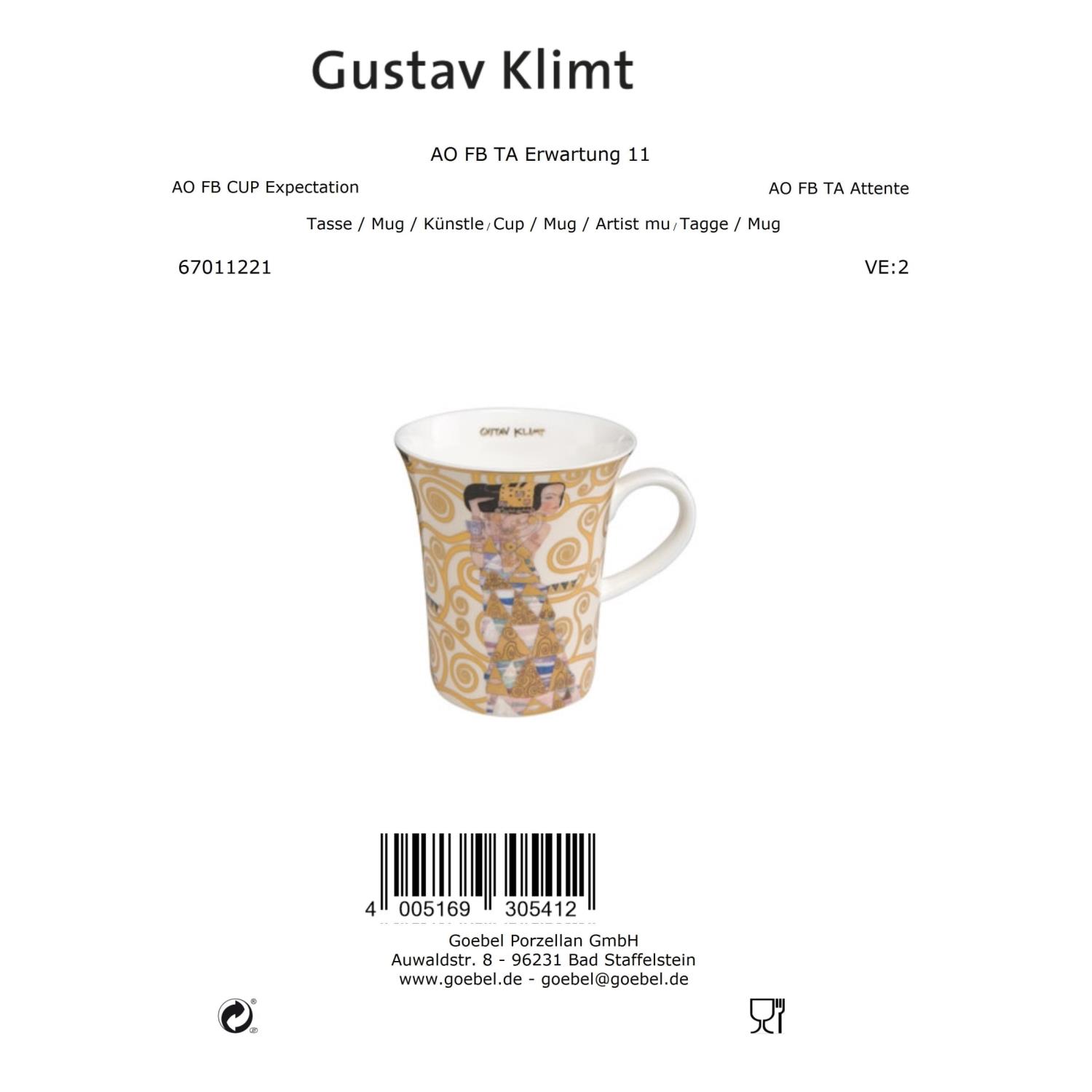 Tasse mit goldenen und bunten Mustern, inspiriert von Gustav Klimt, mit einem Henkel und einem dekorativen Design.