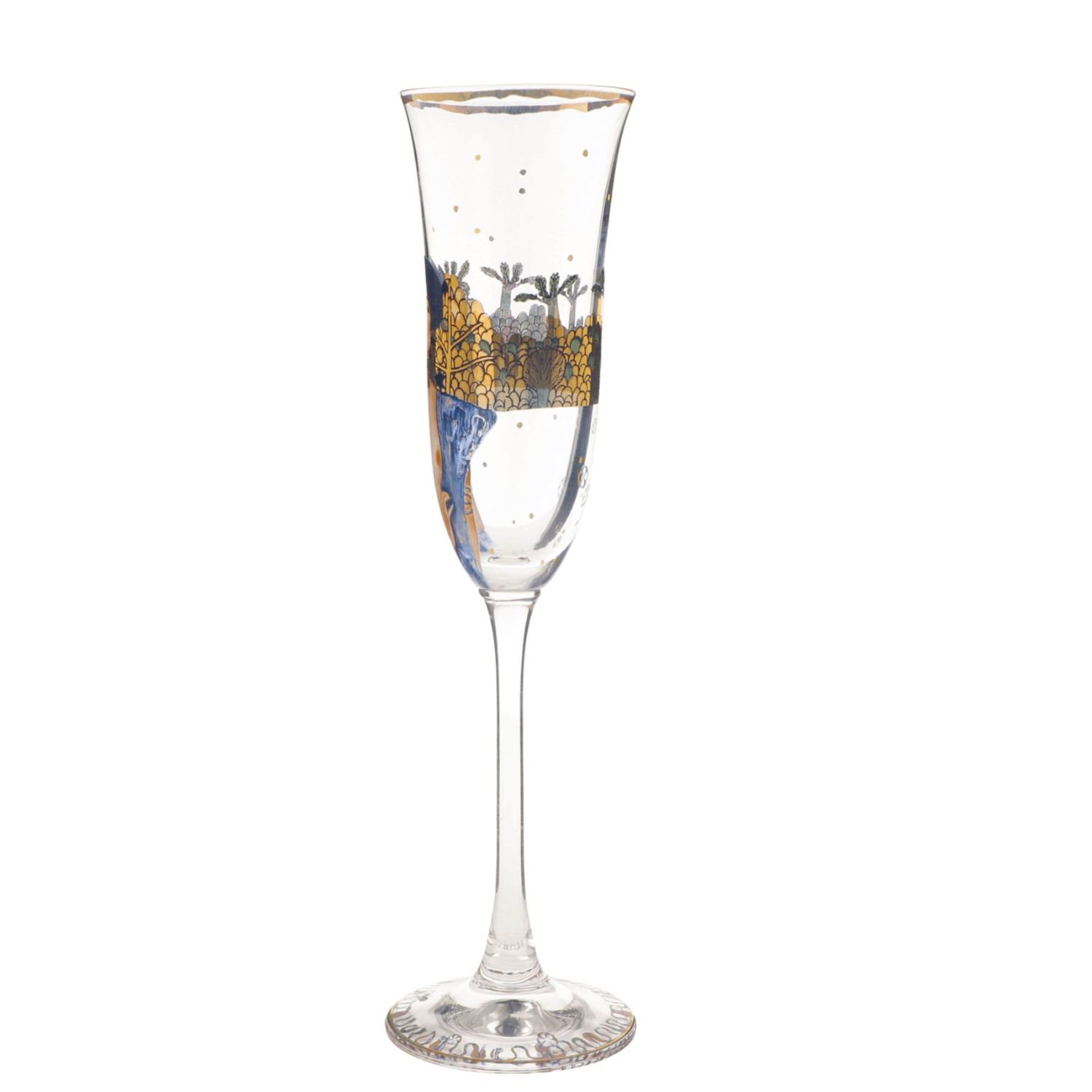 Ein eleganter Sektglas mit goldenen und blauen Verzierungen
