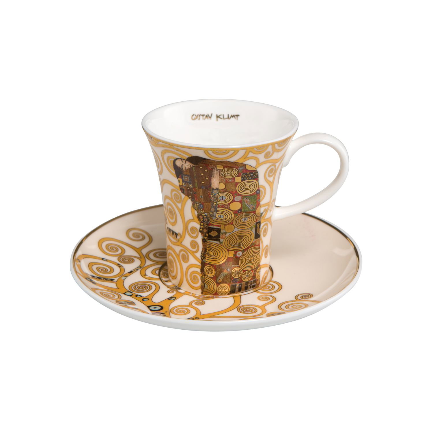 Espressotasse mit Unterteller, goldene Spiralmuster und farbiges Mosaikmotiv