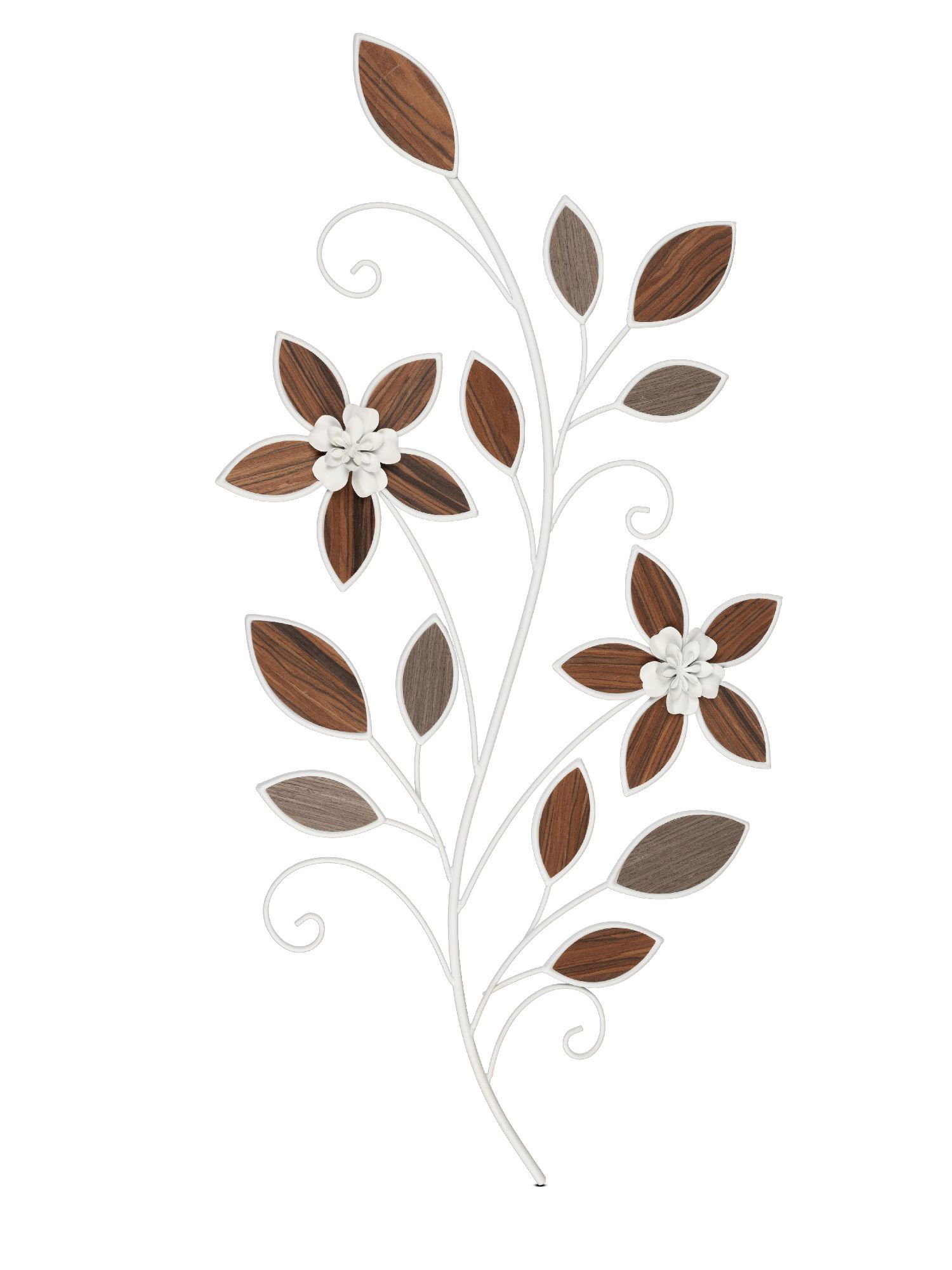 Dekoratives Wandbild mit floralen Motiven in Braun- und Beigetönen, umgeben von geschwungenen Linien