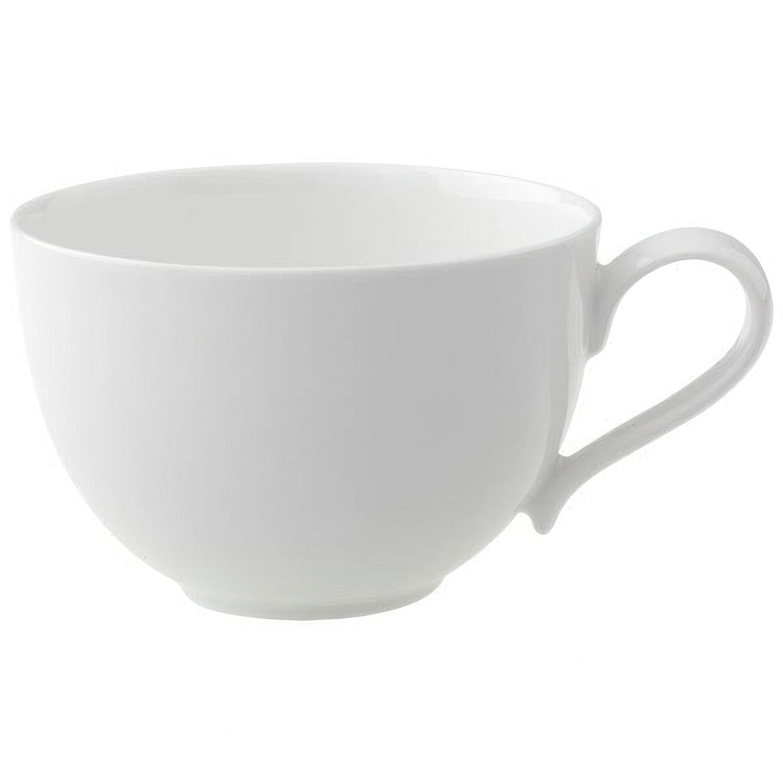 Weiße Tasse aus Porzellan mit einem Henkel, rund und ohne Dekoration. Der Innenraum ist ebenfalls weiß.