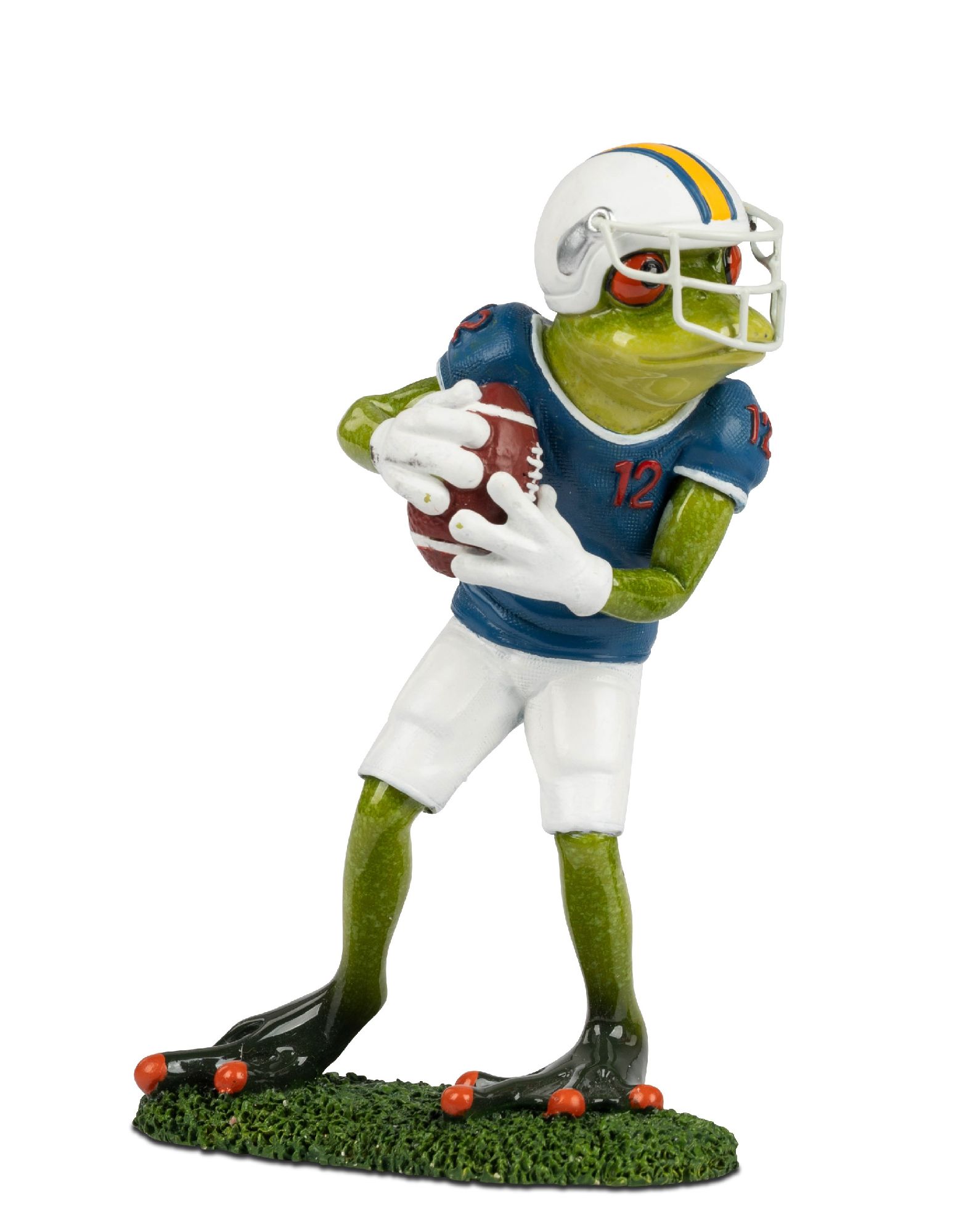 Eine grüne Froschfigur trägt ein Football-Trikot und einen Helm, hält einen Football in den Händen und steht auf einer grünen Fläche.