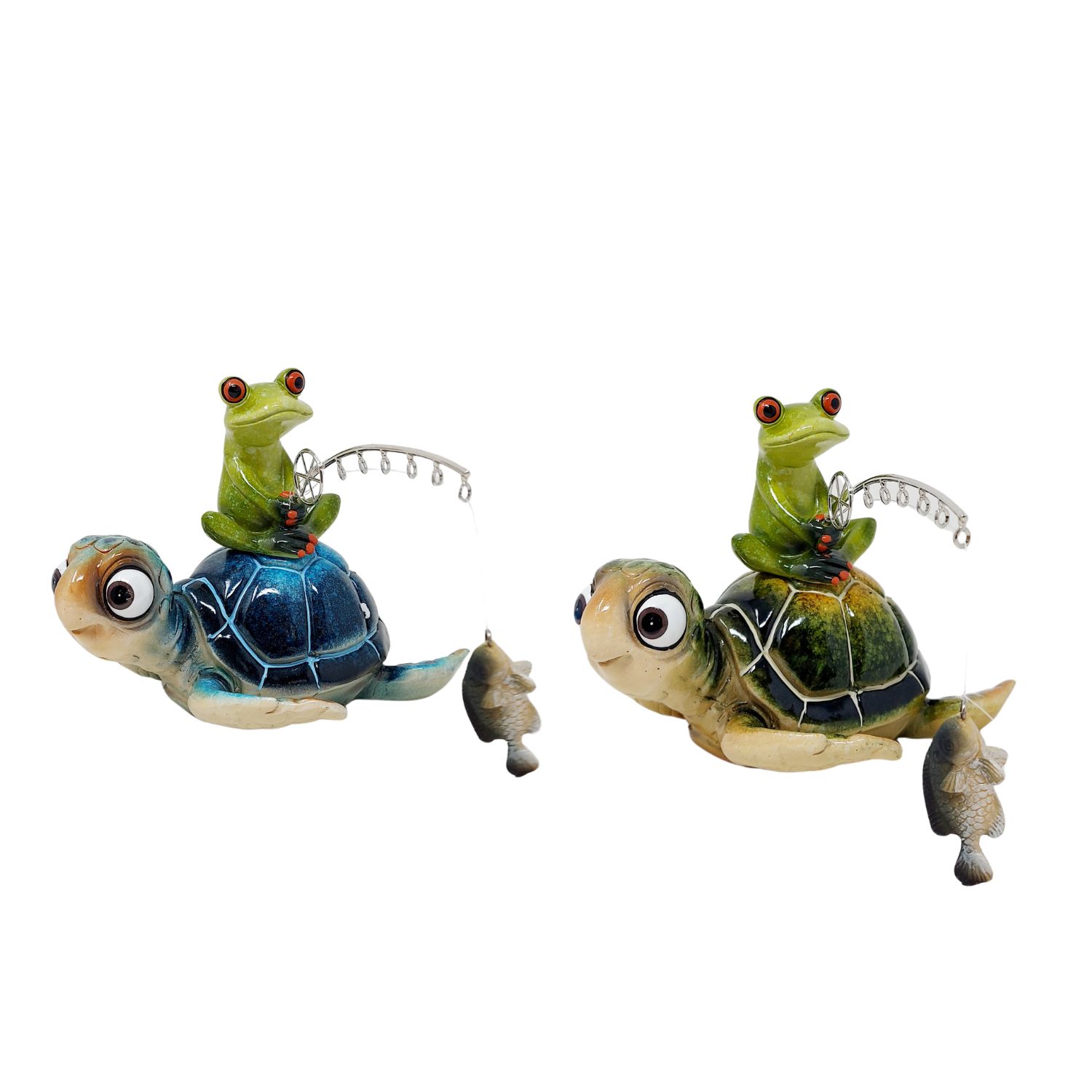 2 Schildkröten mit Frosch mit Angel auf dem Rücken