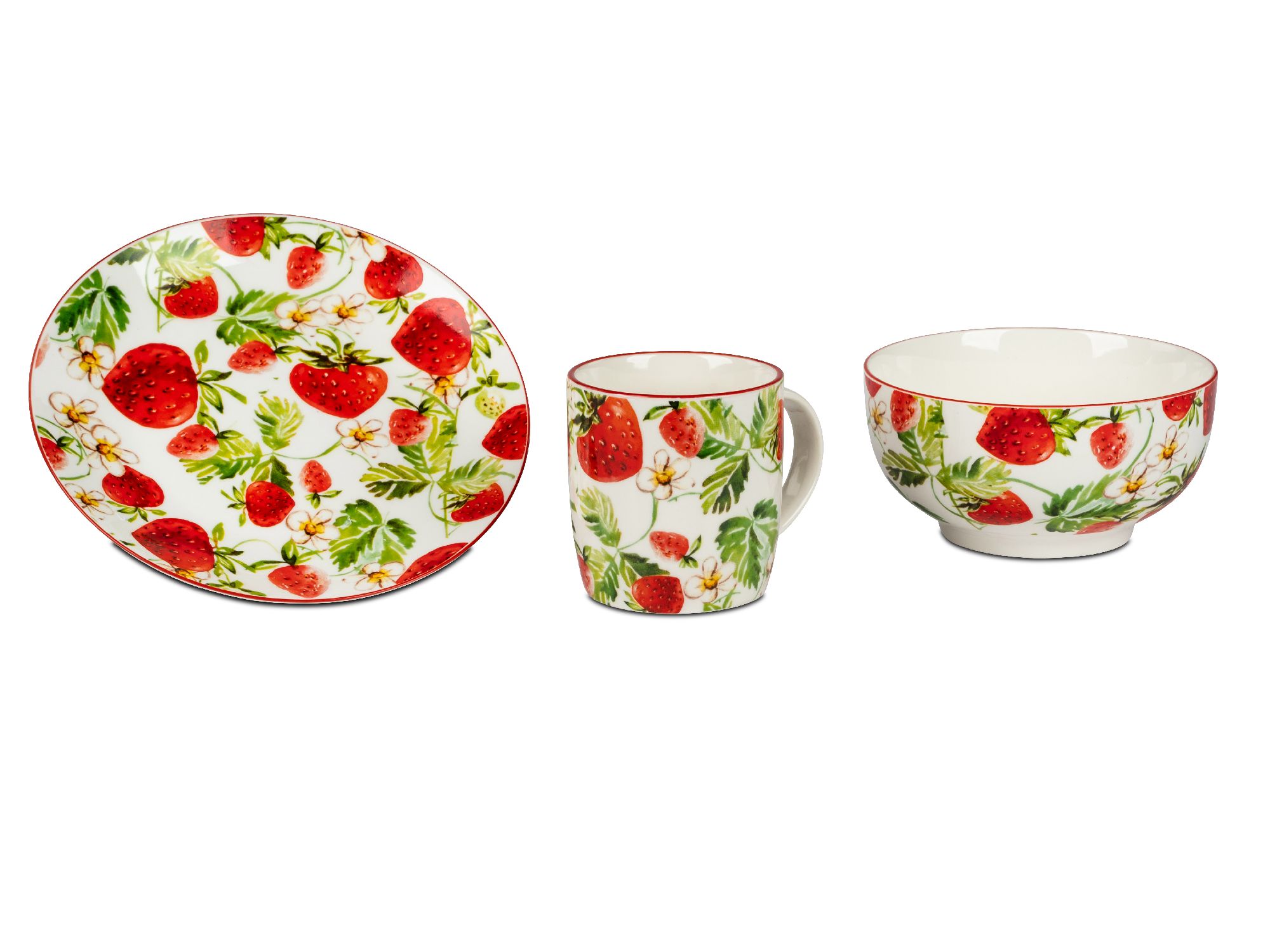 Drei Geschirrteile: ein ovaler Teller, eine Tasse und eine Schüssel, alle mit Erdbeer- und Blattmuster verziert.
