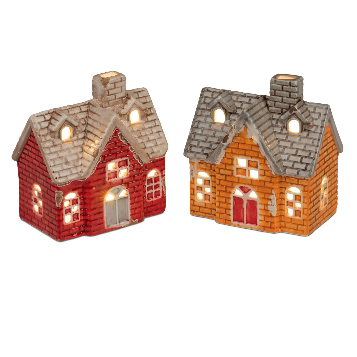 Zwei dekorative Häuser aus Keramik, eines rot und eines orange, mit Fenstern, die von innen beleucht