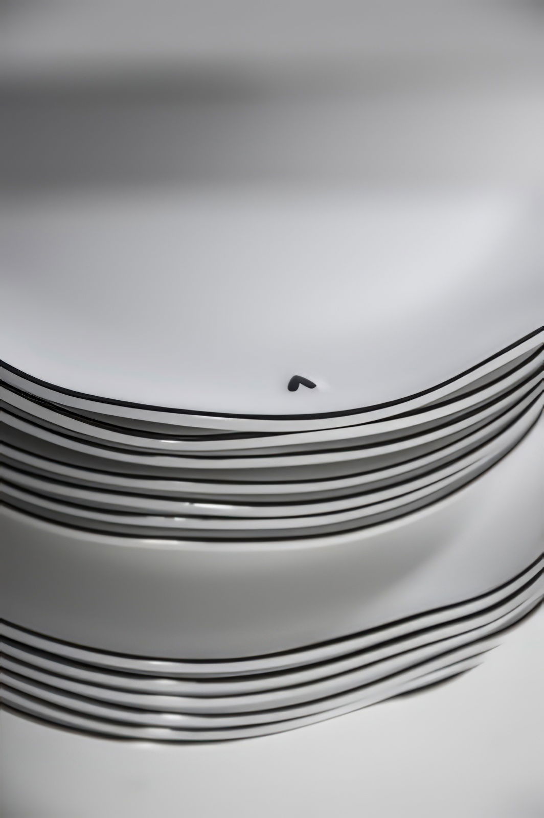 Gestapelte, weiße Teller mit schwarzen Rändern, die leicht gewölbt sind. Der Fokus liegt auf der obe