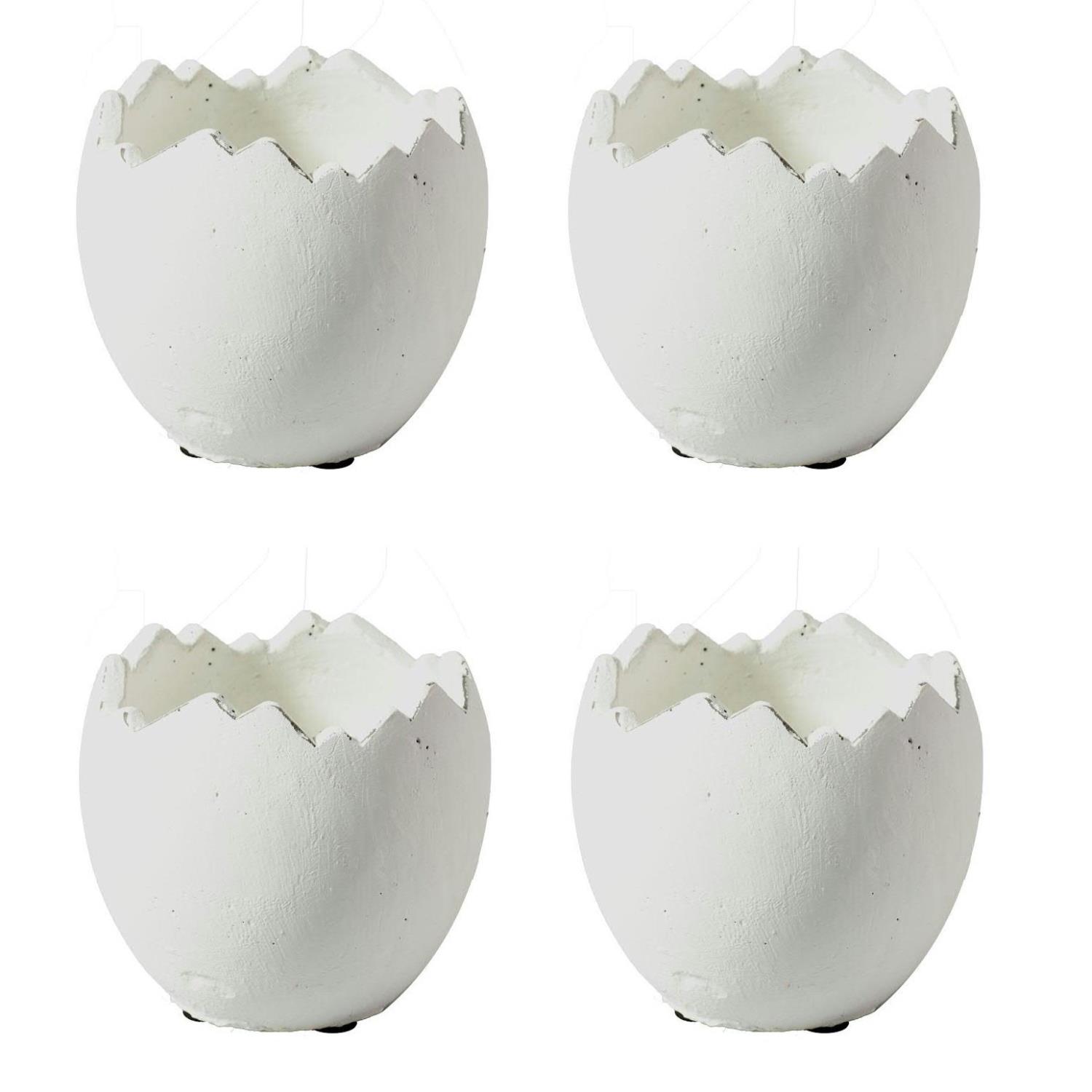 Vier weiße Blumentöpfe in Eiform mit gezacktem Rand, angeordnet in zwei Reihen.
