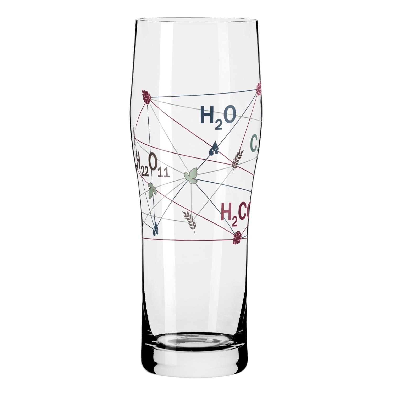 Ein hohes, transparentes Glas mit chemischen Formeln und grafischen Elementen in verschiedenen Farben.