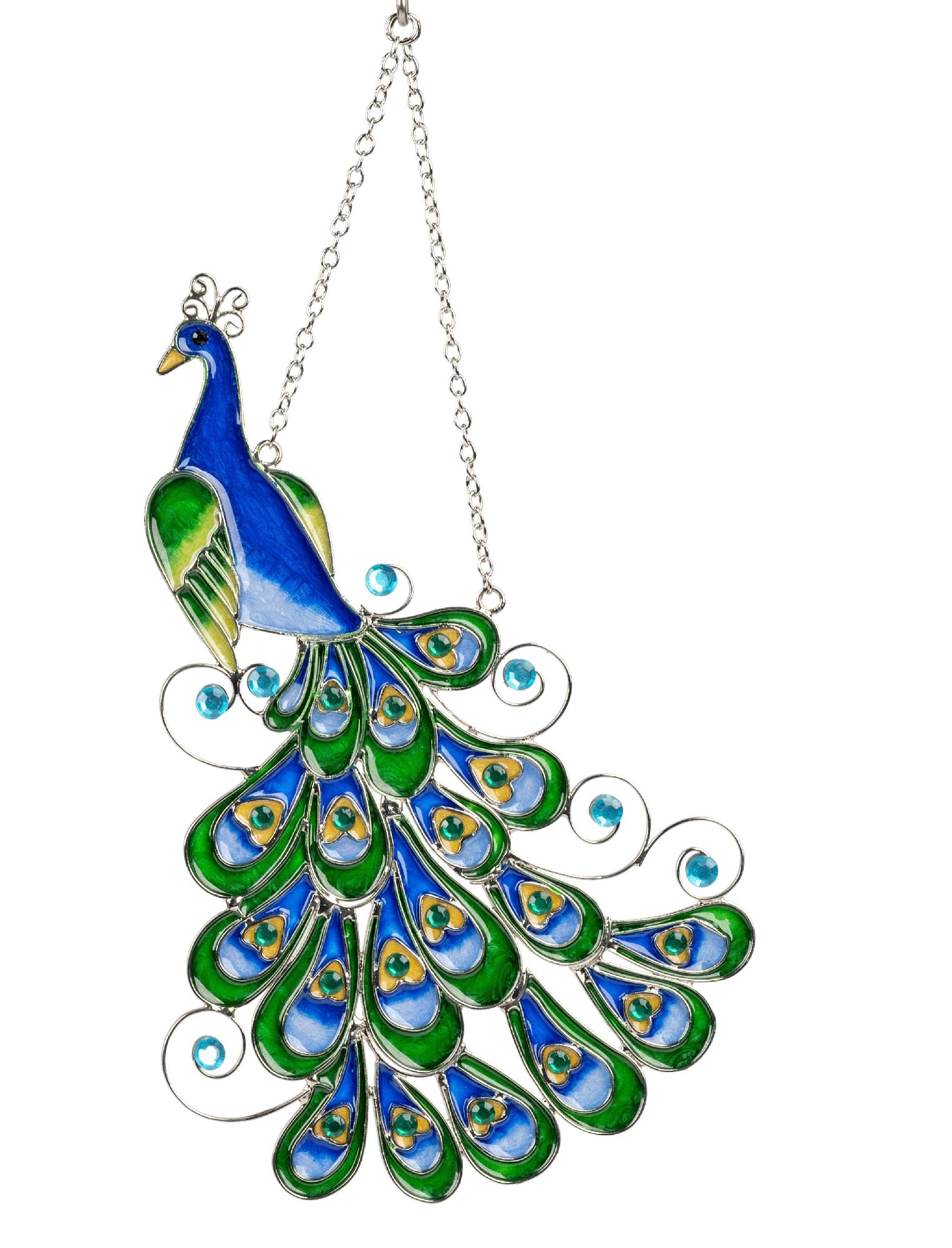 Bunter Pfau aus Metall mit detaillierten Federn in Blau und Grün, aufgehängt an einer silbernen Kett