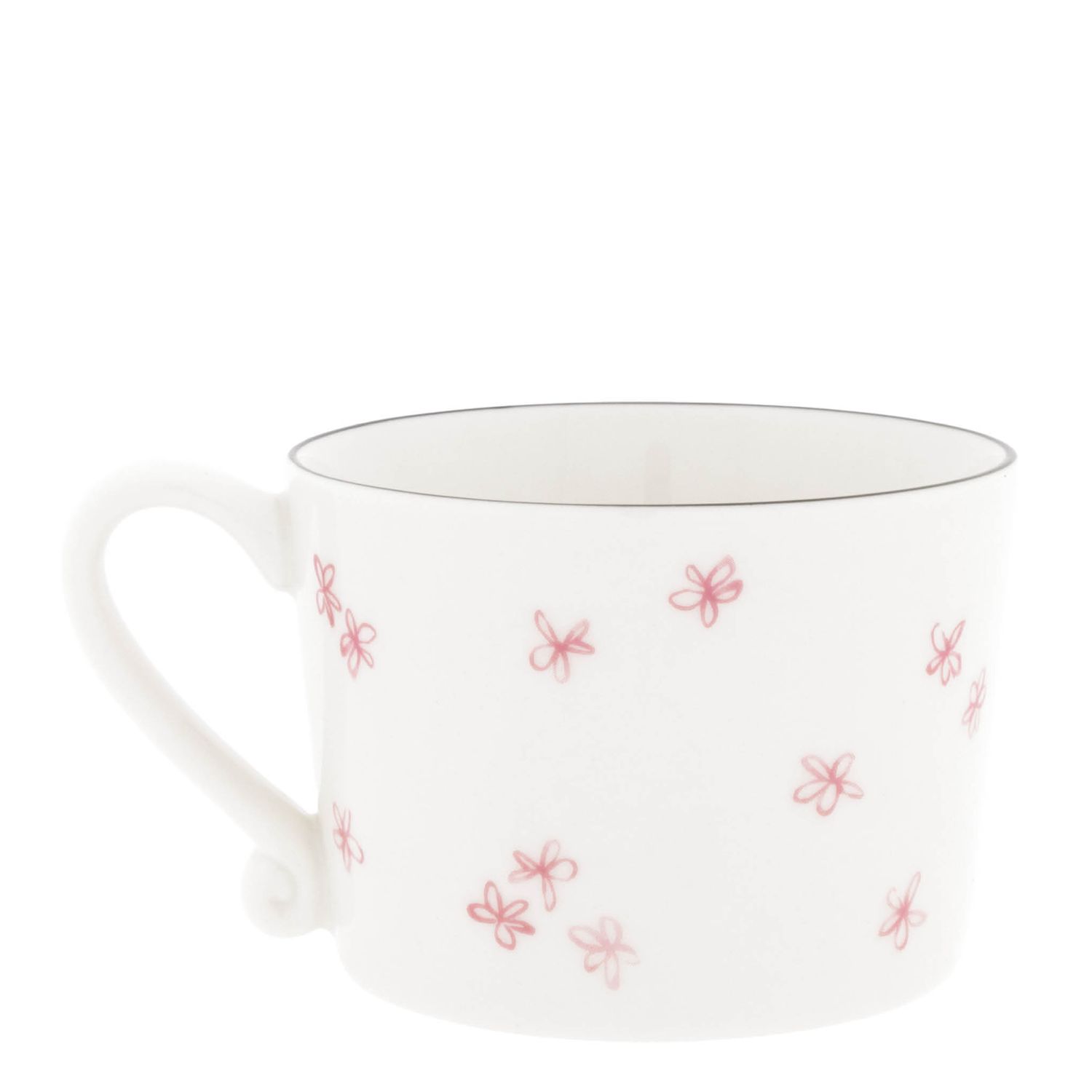Weiße Tasse mit Henkel, verziert mit kleinen rosa Schleifenmustern