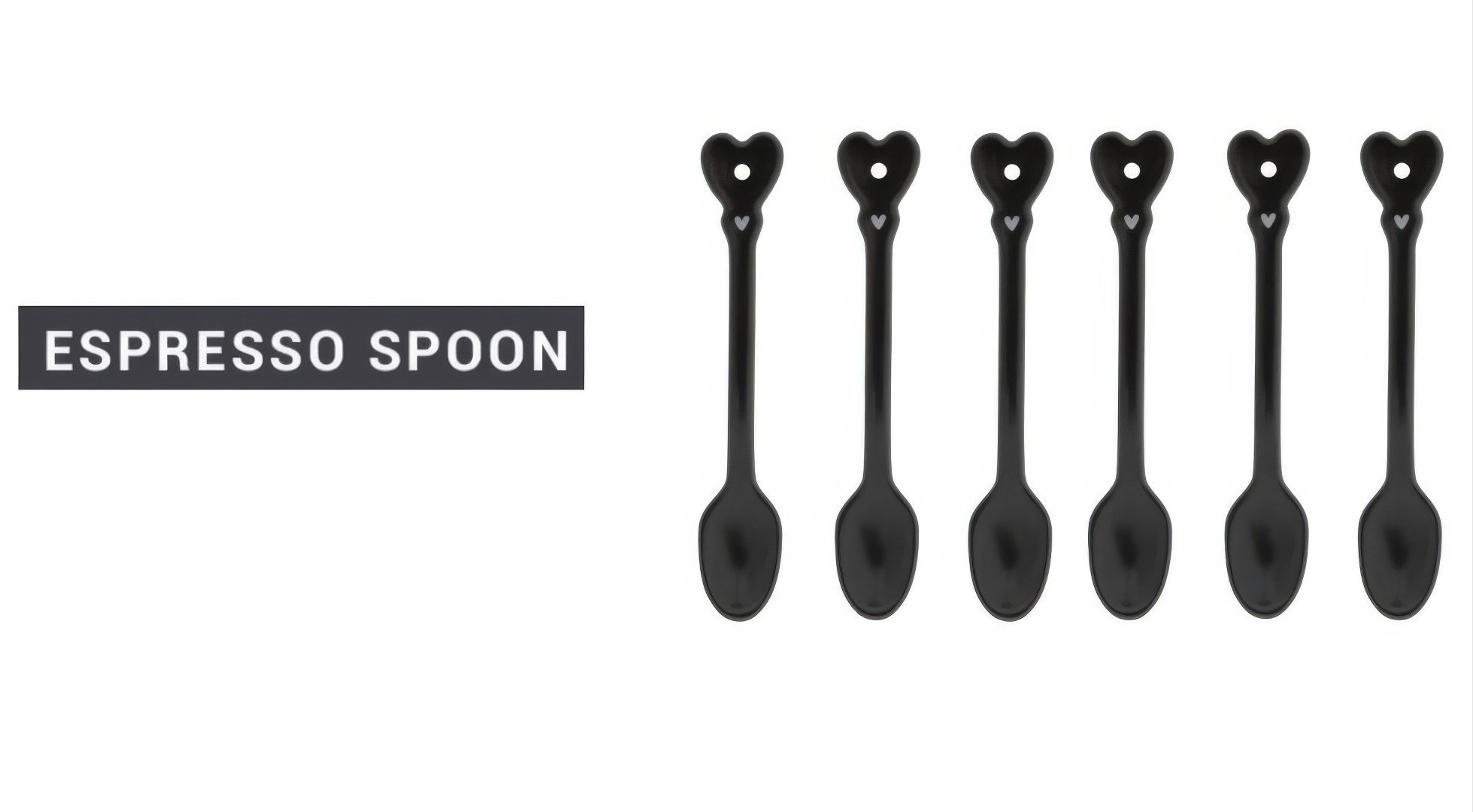 Sechs schwarze Espressolöffel mit herzförmigem Griff, nebeneinander angeordnet. Links steht der Text "ESPRESSO SPOON".