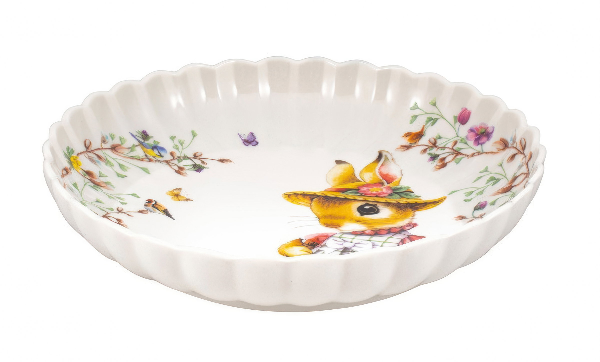 Schale aus Porzellan mit gewelltem Rand, verziert mit einem Hasenmotiv und bunten Blumen und Vögeln.