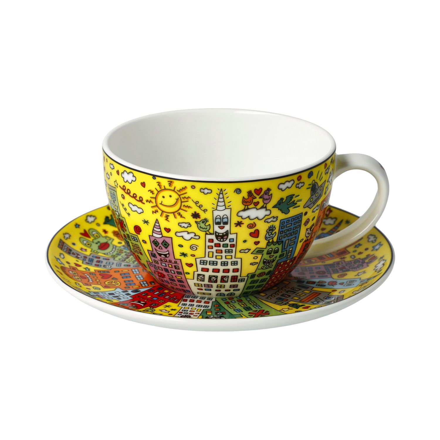 Bunte Tasse mit Stadtmotiven und Untertasse auf gelbem Hintergrund