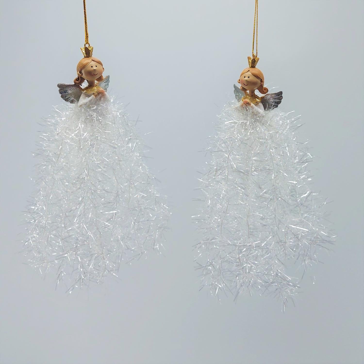 Zwei Engel aus Kunststoff mit goldenen Kronen und silbernen Flügeln, umgeben von glitzerndem, transp