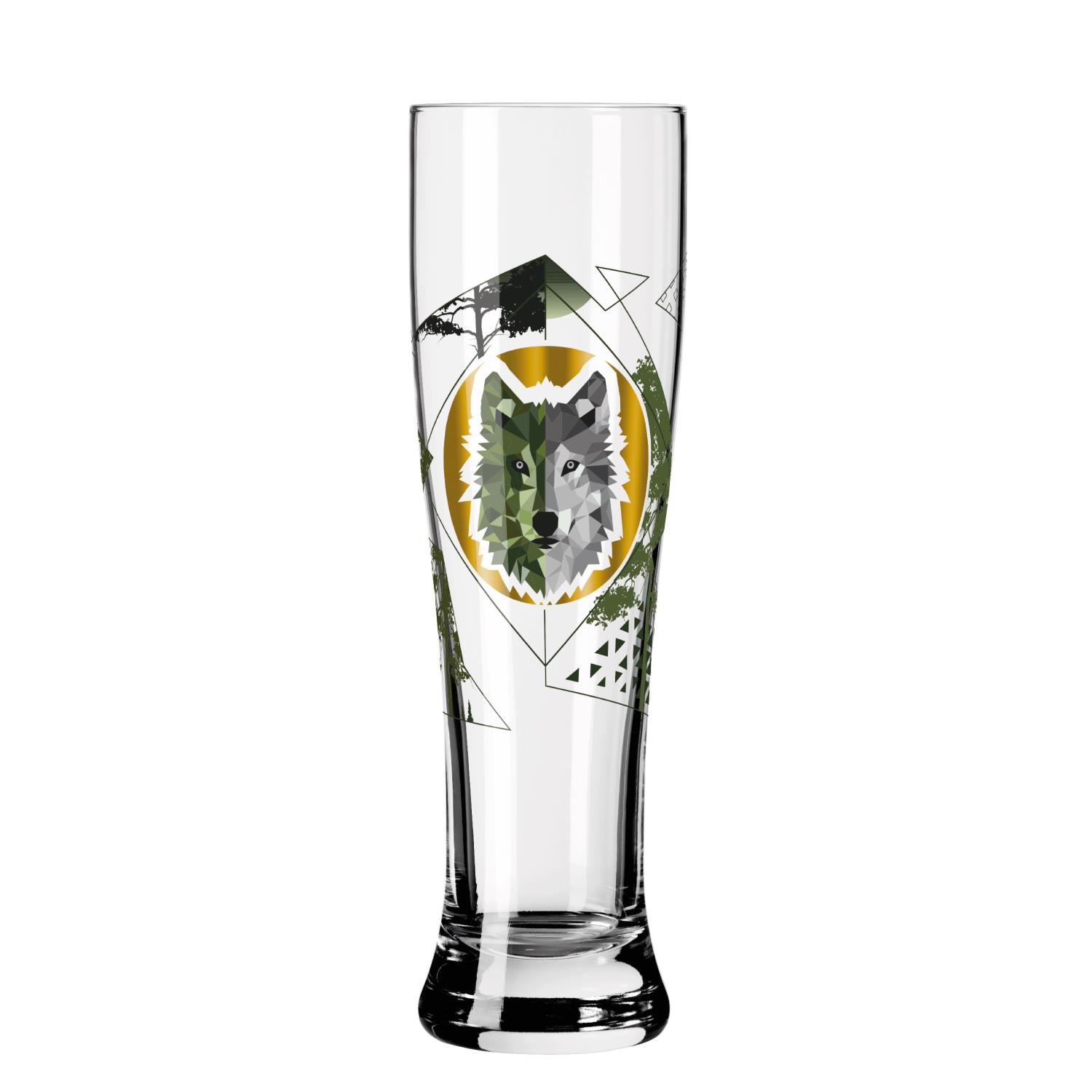 Ein hohes, transparentes Glas mit geometrischem Design und einem Wolfsmotiv in der Mitte.