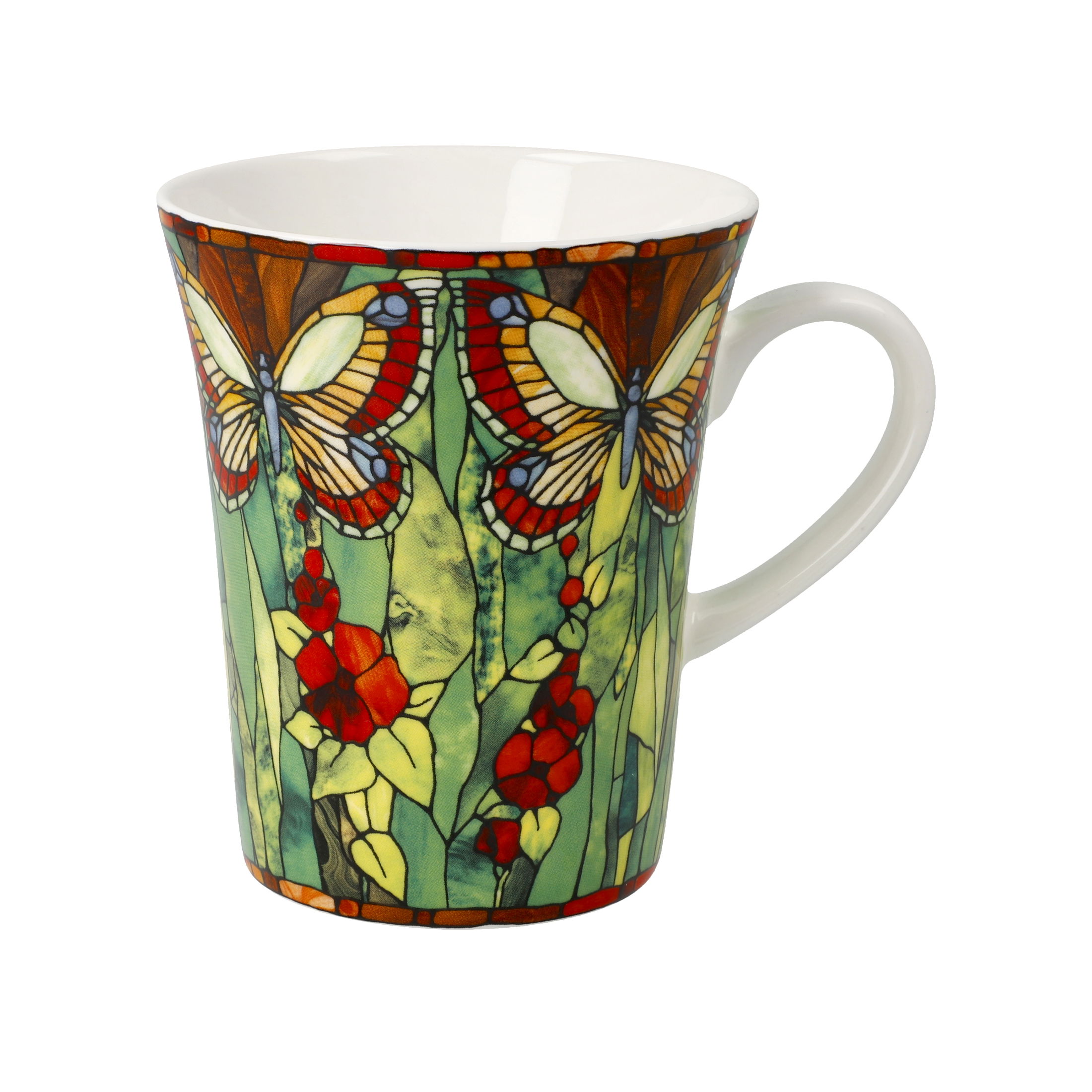 Bunte Tasse mit Schmetterlings- und Blumenmotiven auf grünem Hintergrund, aus Keramik mit einem Henkel.