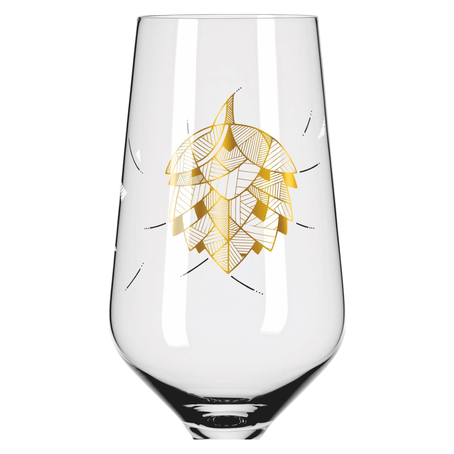 Ein transparentes Glas mit goldfarbener, geometrischer Hopfendekoration auf der Vorderseite.