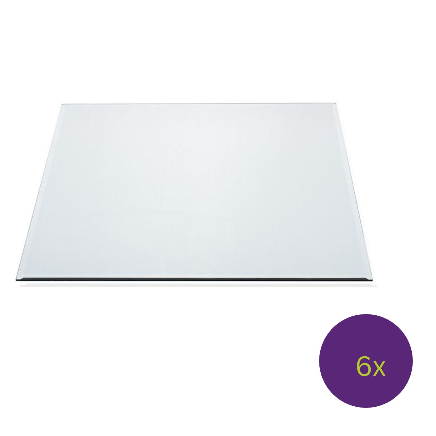 Rechteckige transparente Glasplatte auf weißem Hintergrund mit violettem 6x-Kreis