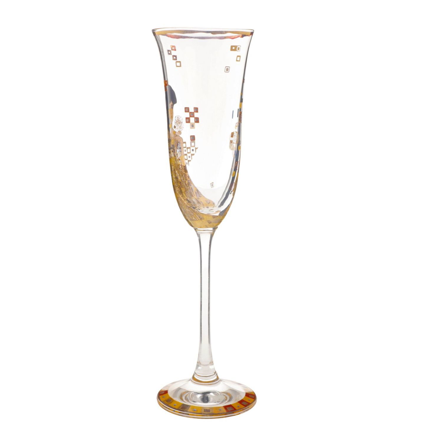 Ein eleganter Sektglas mit kunstvollen Verzierungen in Gold und Farben