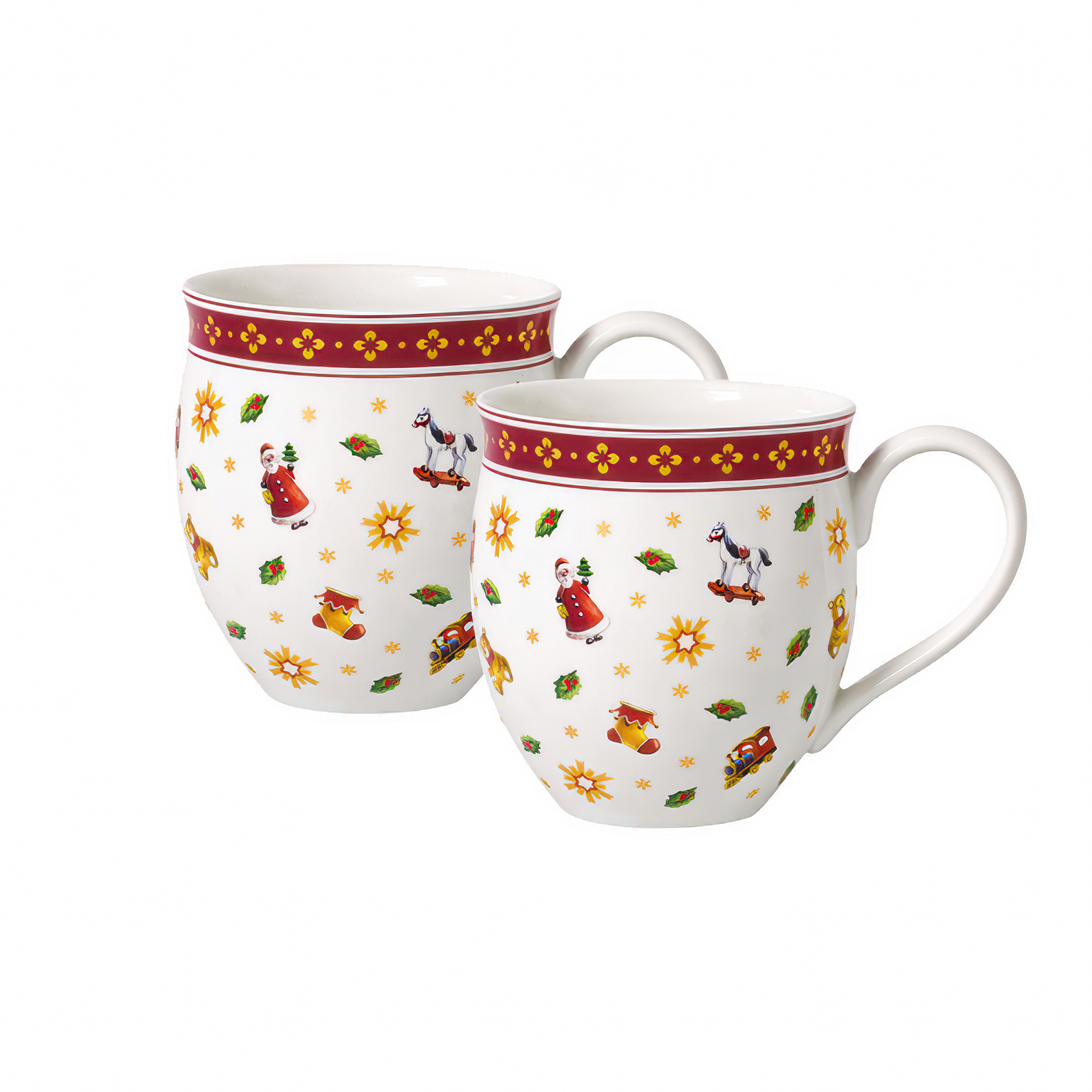 Zwei Tassen mit bunten, weihnachtlichen Motiven wie Figuren, Tannen und Sternen auf weißem Hintergrund.