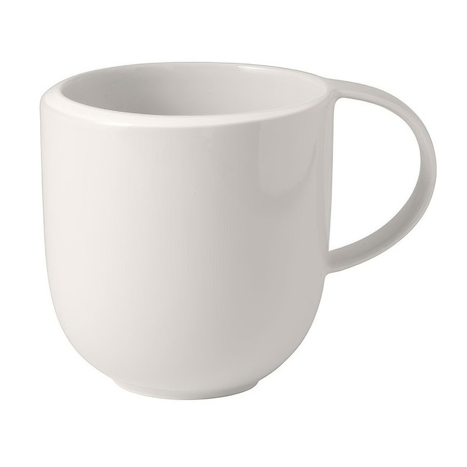 Weiße Keramiktasse mit rundem Körper und einem seitlichen Henkel. Der Innenraum ist glatt und unglasiert.