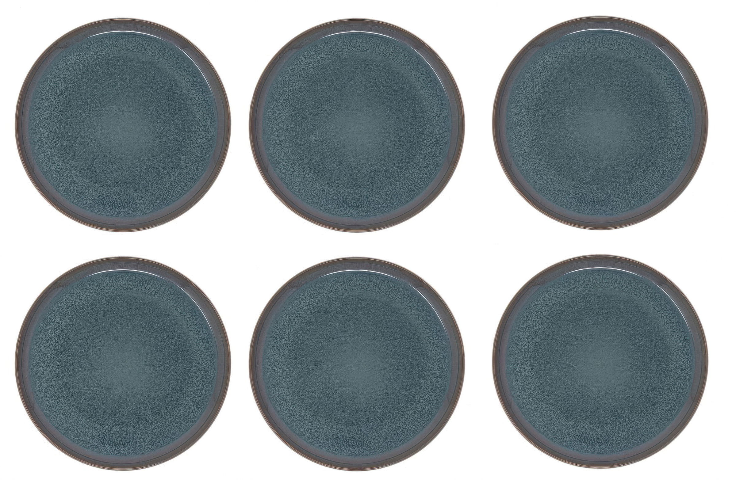 Sechs runde, flache Teller in einem dunklen Blau mit einem schmalen, helleren Rand. Sie sind gleichmäßig angeordnet.