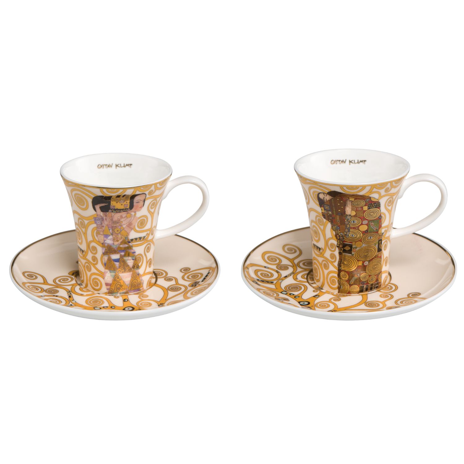 Zwei Kaffeetassen mit Untertassen, goldene Wirbelmuster und figürliche Motive auf weißem Grund