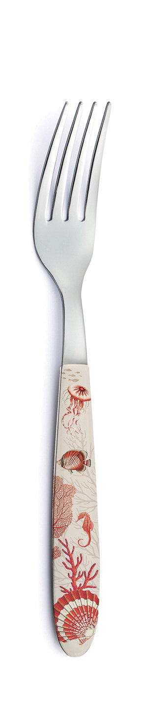 Edelstahlgabel mit vier Zinken und einem Griff, der mit maritimen Motiven in Rot und Beige verziert ist.
