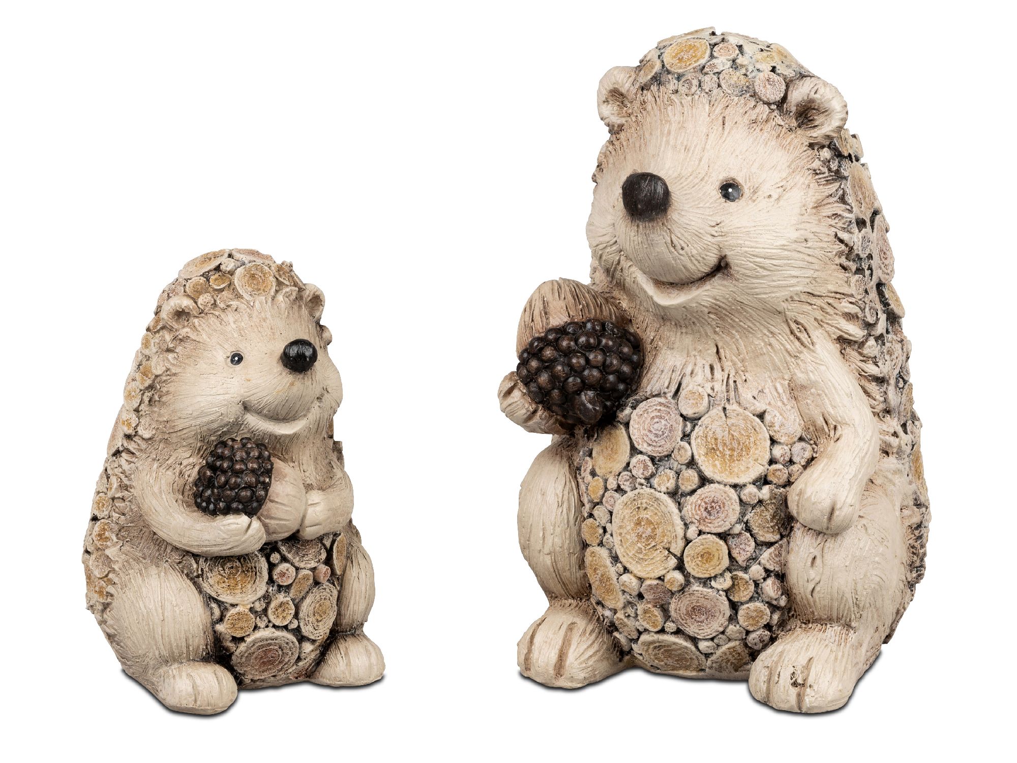 Zwei dekorative Igelfiguren aus Keramik, eine klein und eine groß, beide halten eine Frucht in den Händen.