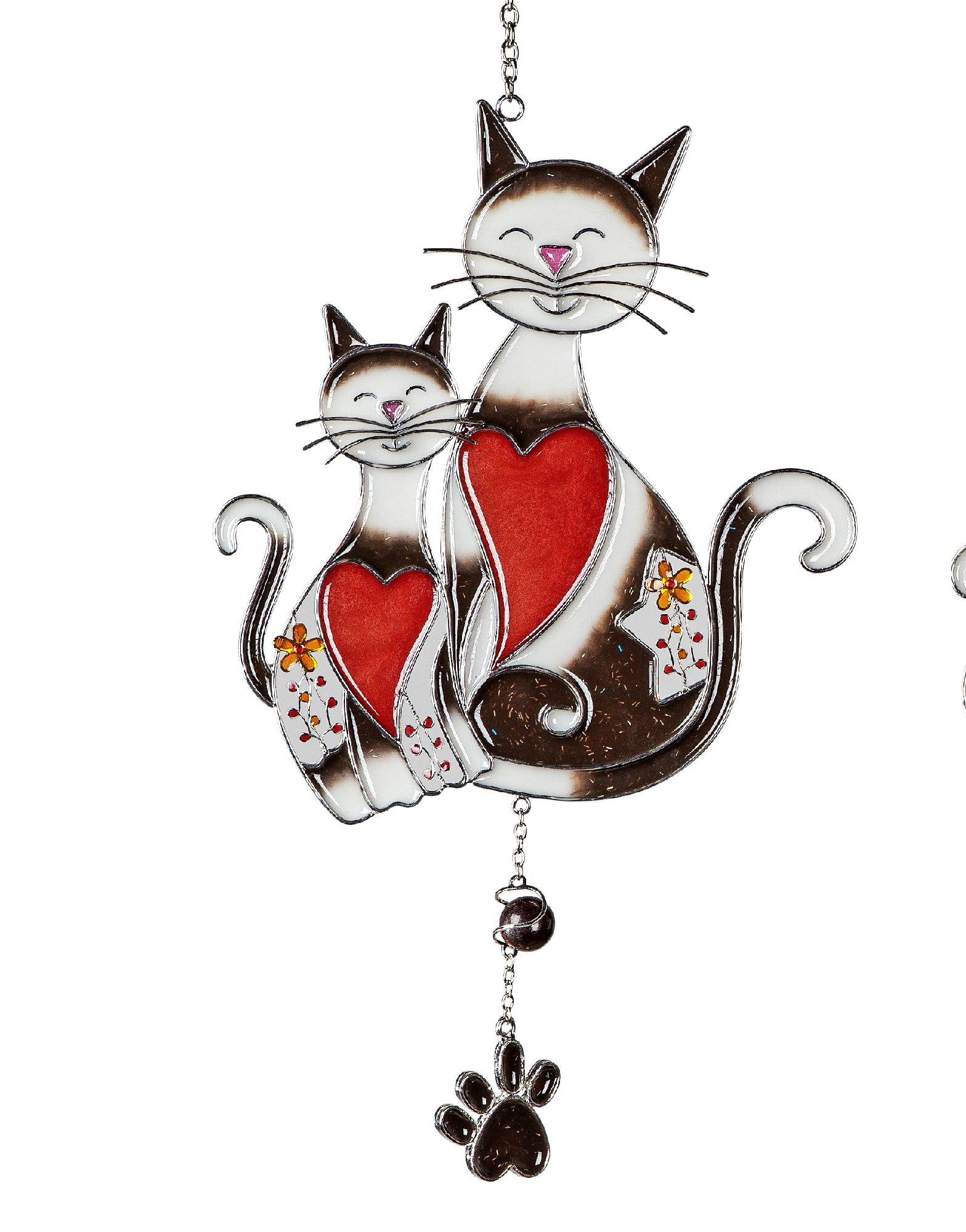 Zwei stilisierte Katzenfiguren aus Glas, eine große und eine kleine, mit roten Herzen und Blumenmoti
