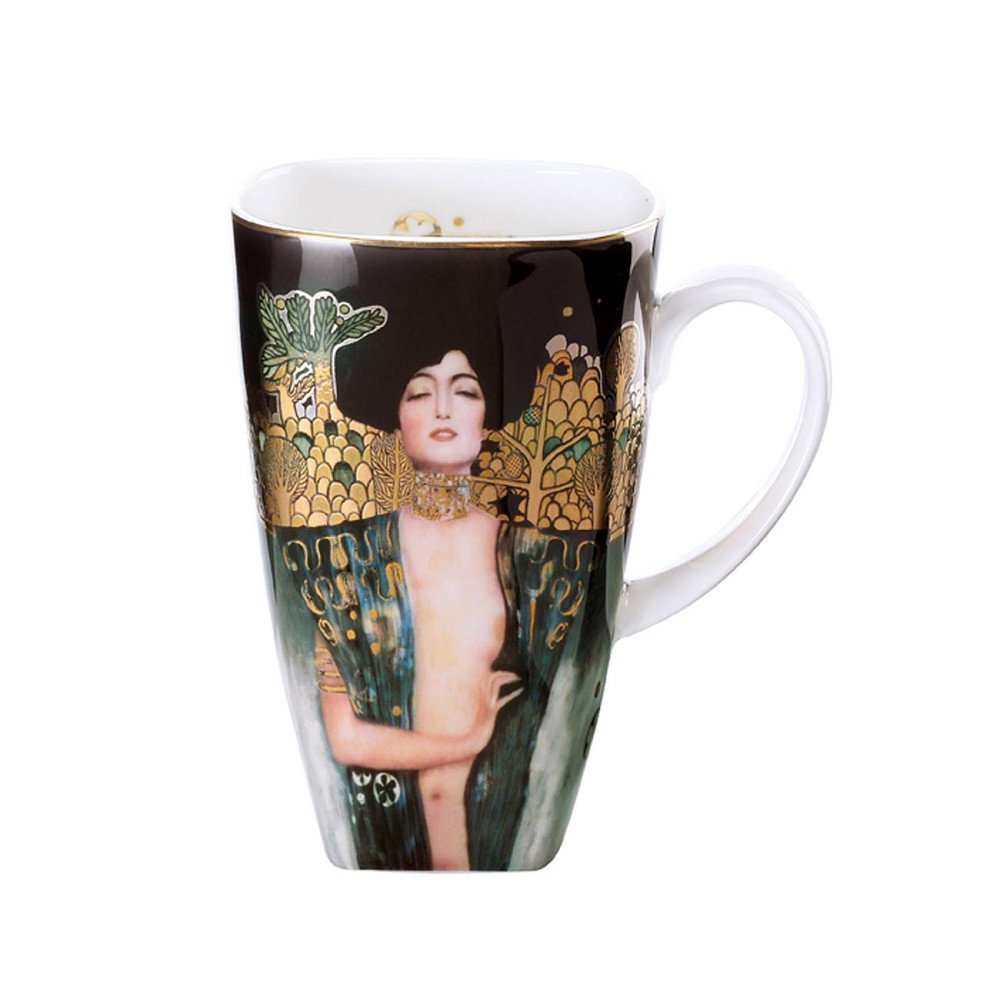 Tasse mit künstlerischem Design, zeigt eine Frau mit schwarzem Haar und goldenen Akzenten auf einem dunklen Hintergrund.