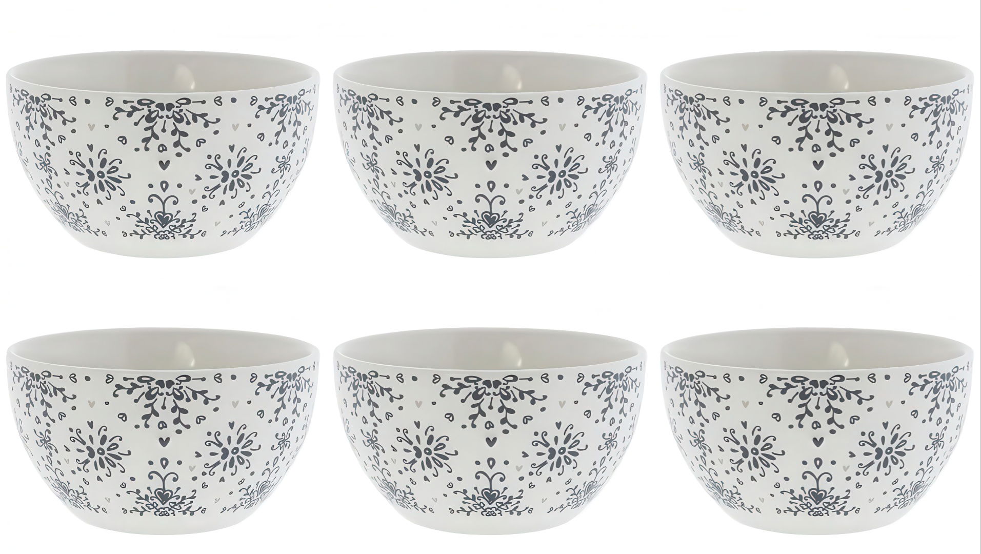Sechs Schalen mit floralem Muster in Schwarz auf weißem Hintergrund, gleichmäßig angeordnet in zwei Reihen.