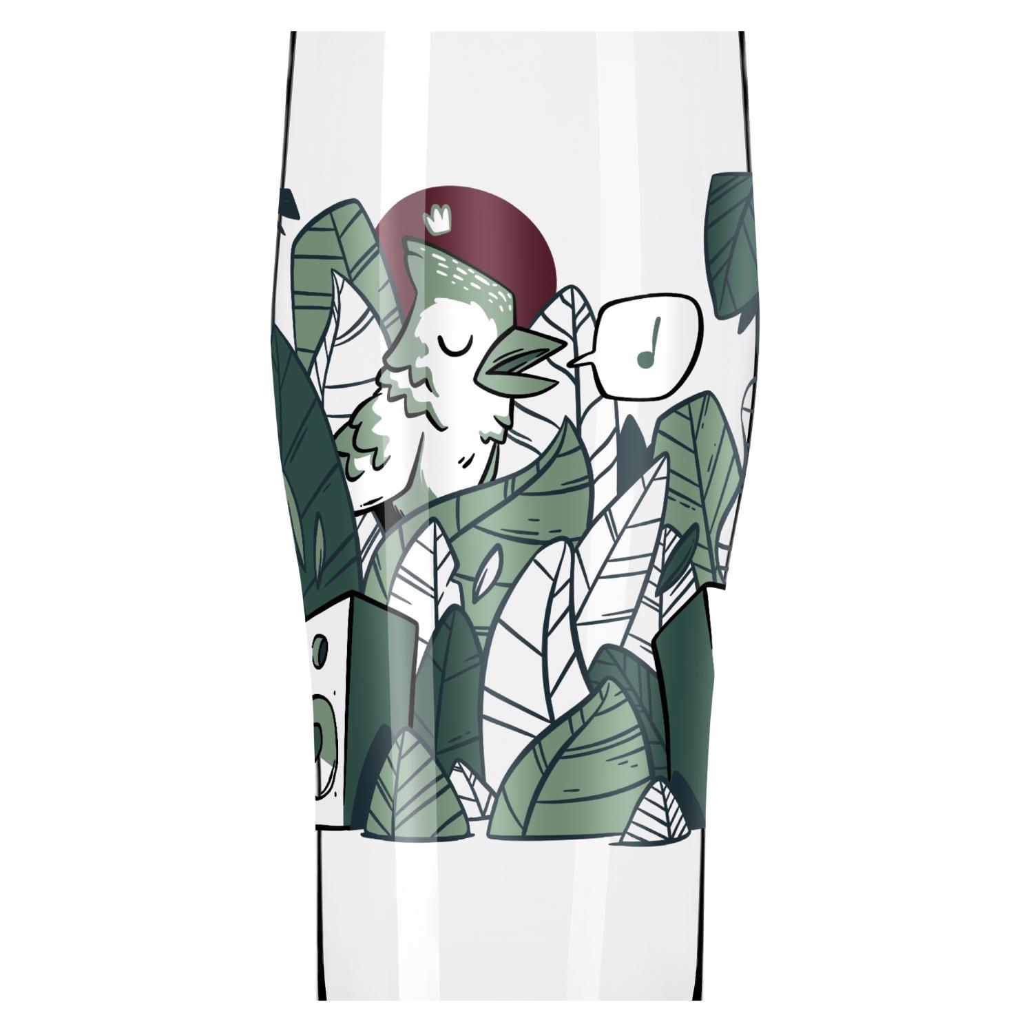Ein Glas mit einer Illustration eines Vogels, umgeben von Blättern und einem roten Kreis im Hintergrund.