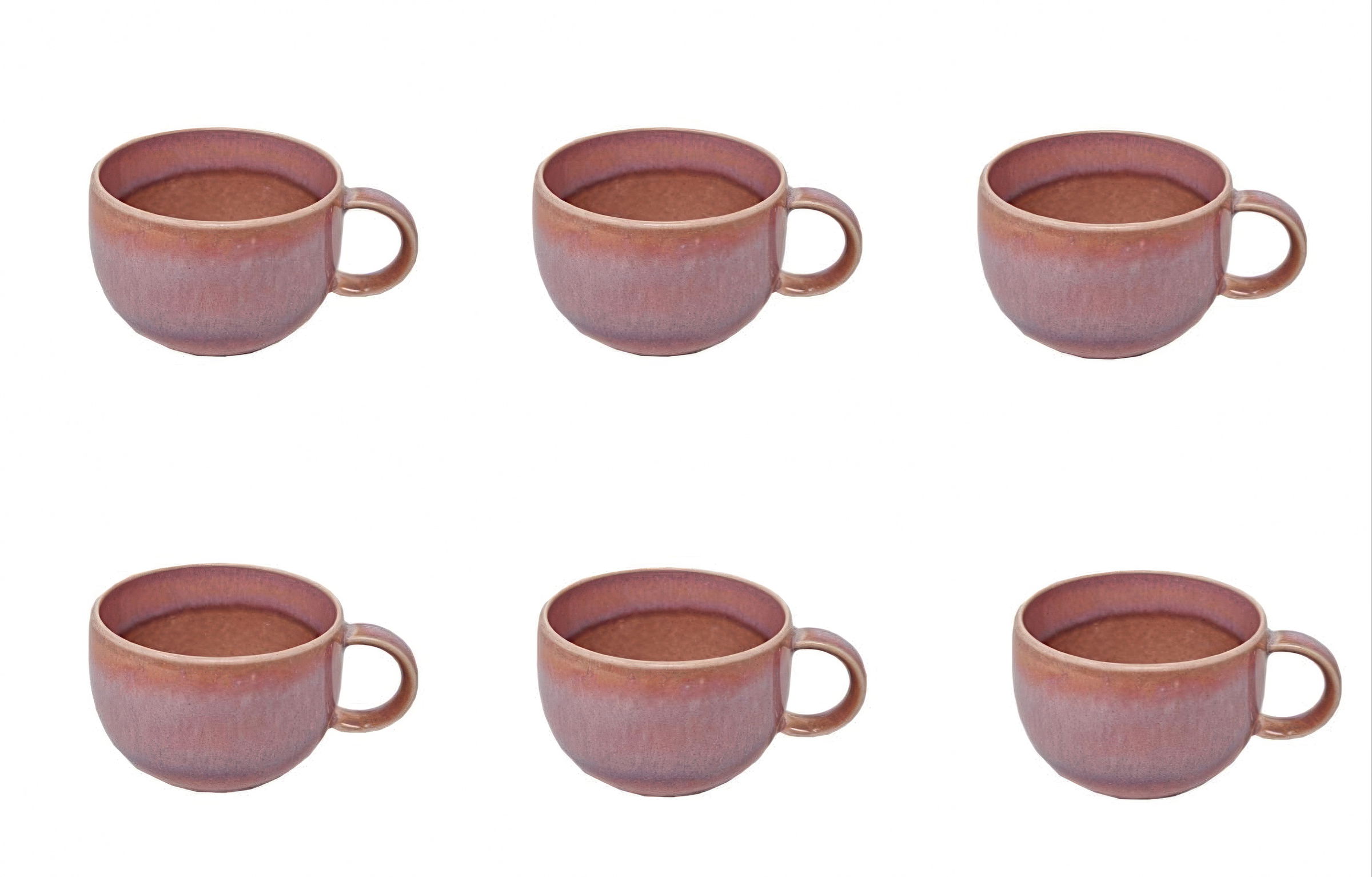 Sechs Tassen in verschiedenen Positionen auf weißem Hintergrund, mit einem sanften Farbverlauf in Rosa und Braun.