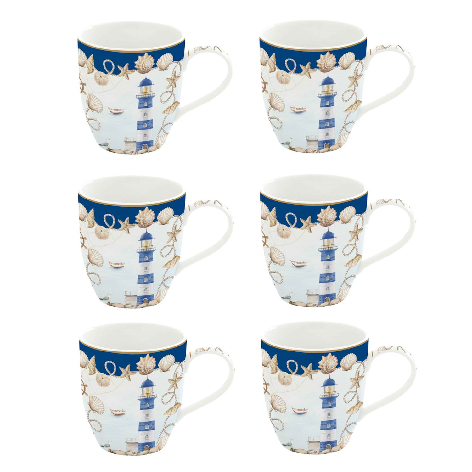 6er Set Becher BLUE LIGHTHOUSE Leuchtturm 350ml aus Porzellan in GB von EASY LIFE