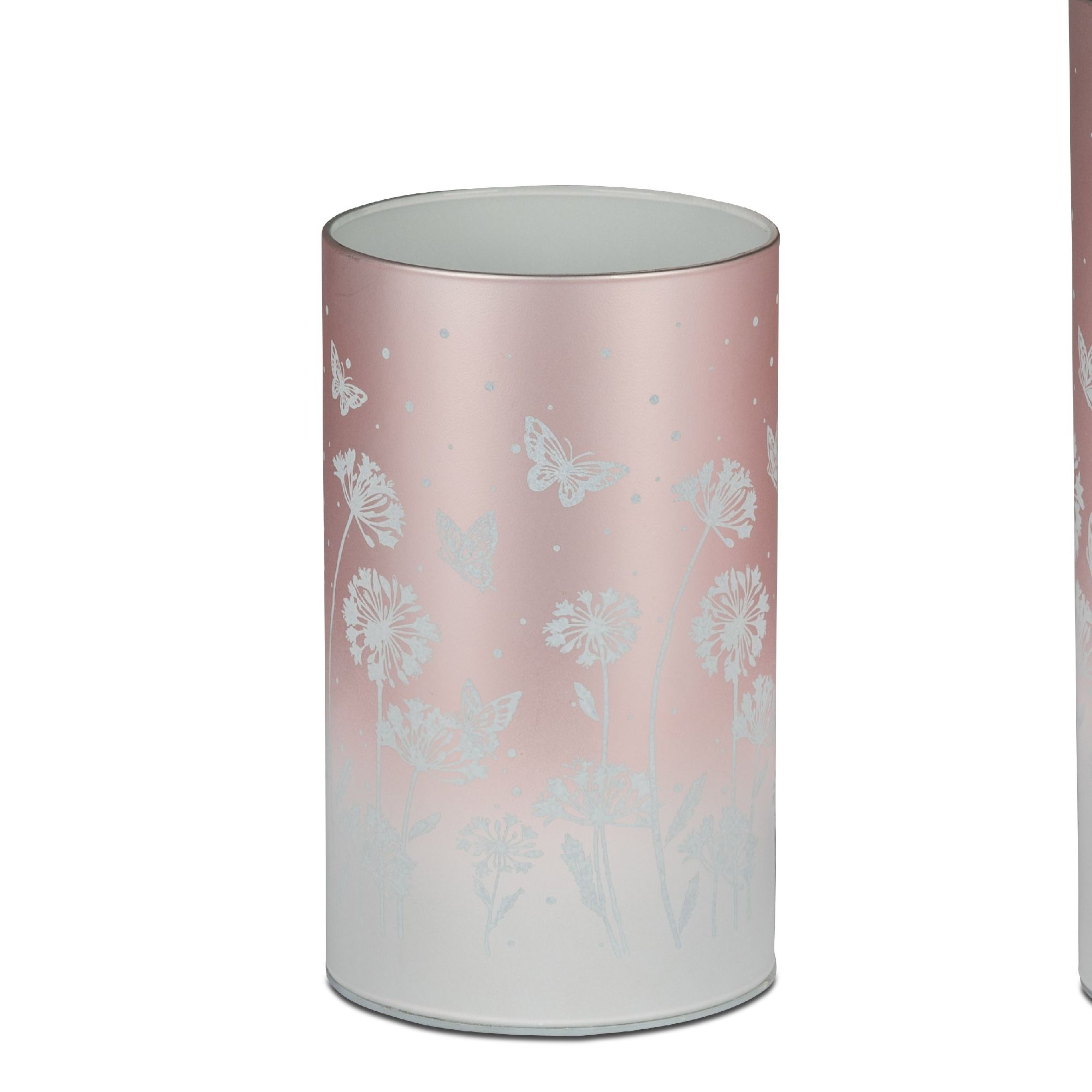 Runder Behälter in sanften Rosa- und Weißtönen, verziert mit Blumen- und Schmetterlingsmotiven.