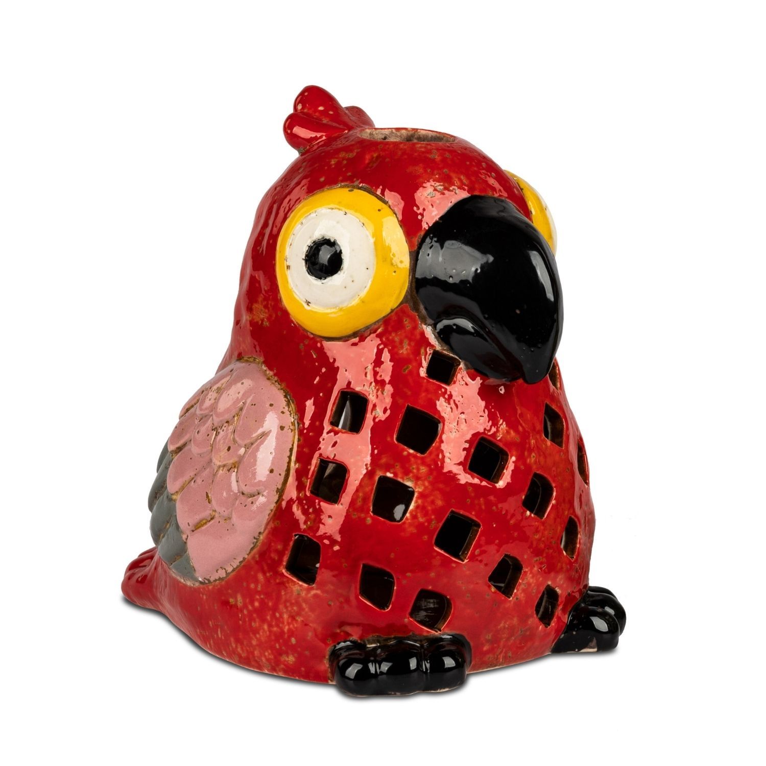 Rote Keramikfigur eines Vogels mit gelbem Auge, schwarzem Schnabel und Lochmuster