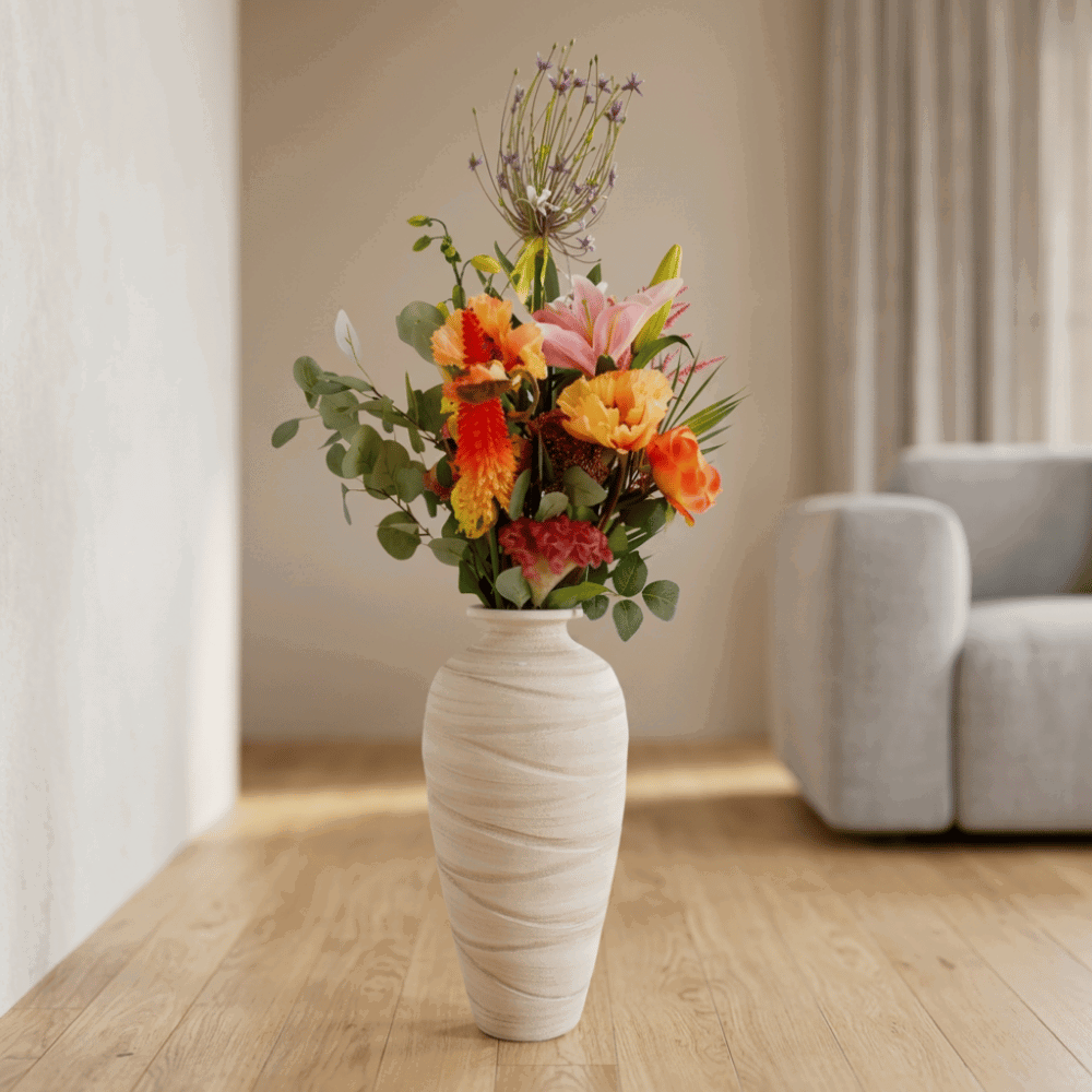Bodenvase RELIEF 50cm - bauchig, cremefarben, Keramik, Formano