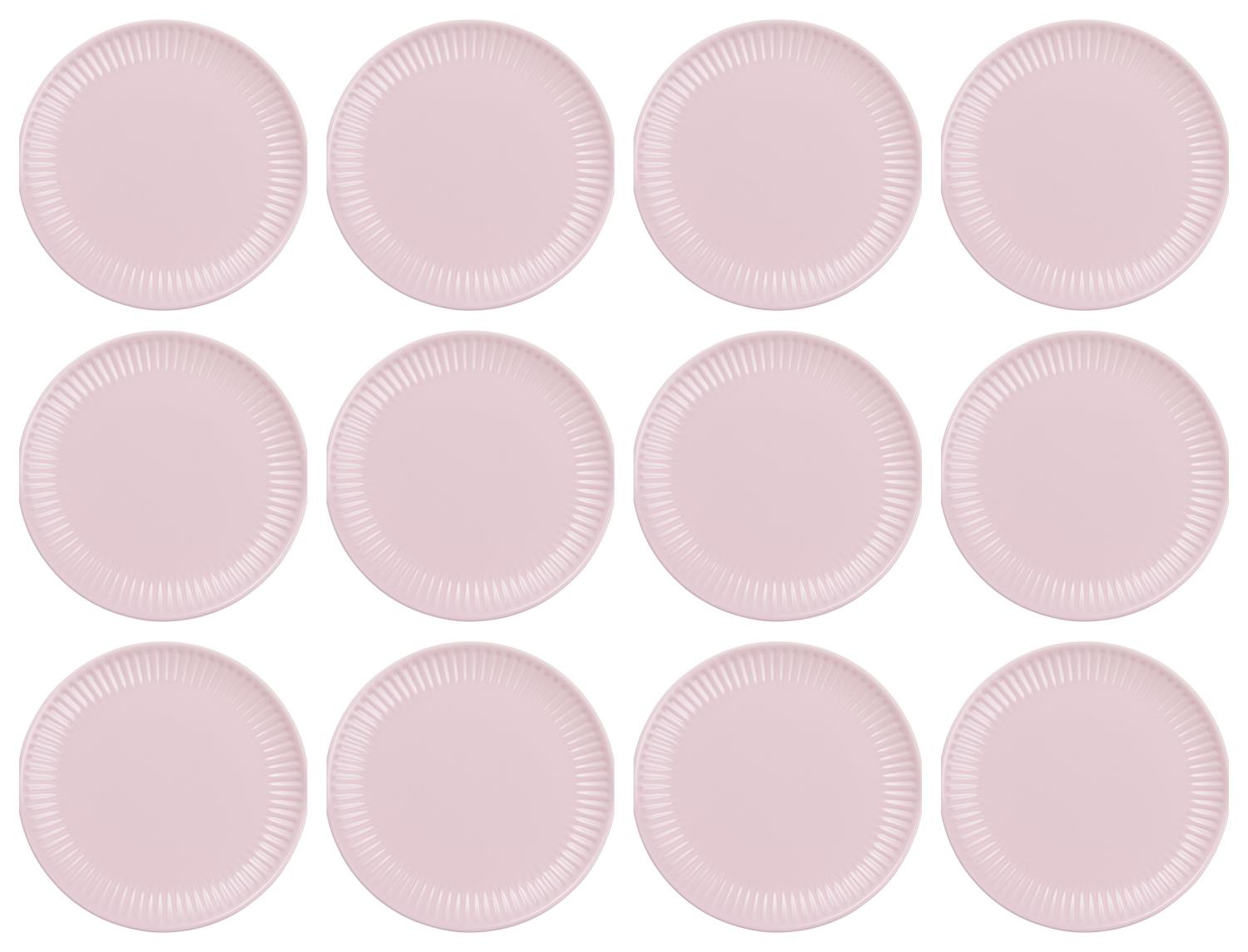 Zwölf runde, rosa Pappteller mit gewelltem Rand, gleichmäßig angeordnet in drei Reihen zu je vier Tellern.