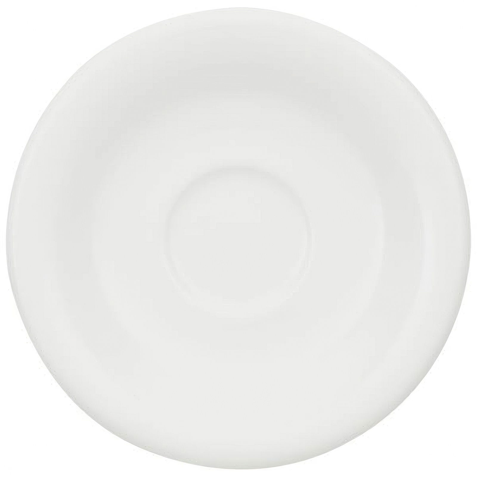 Weißer, runder Teller mit leicht vertieftem Zentrum und glatter Oberfläche.