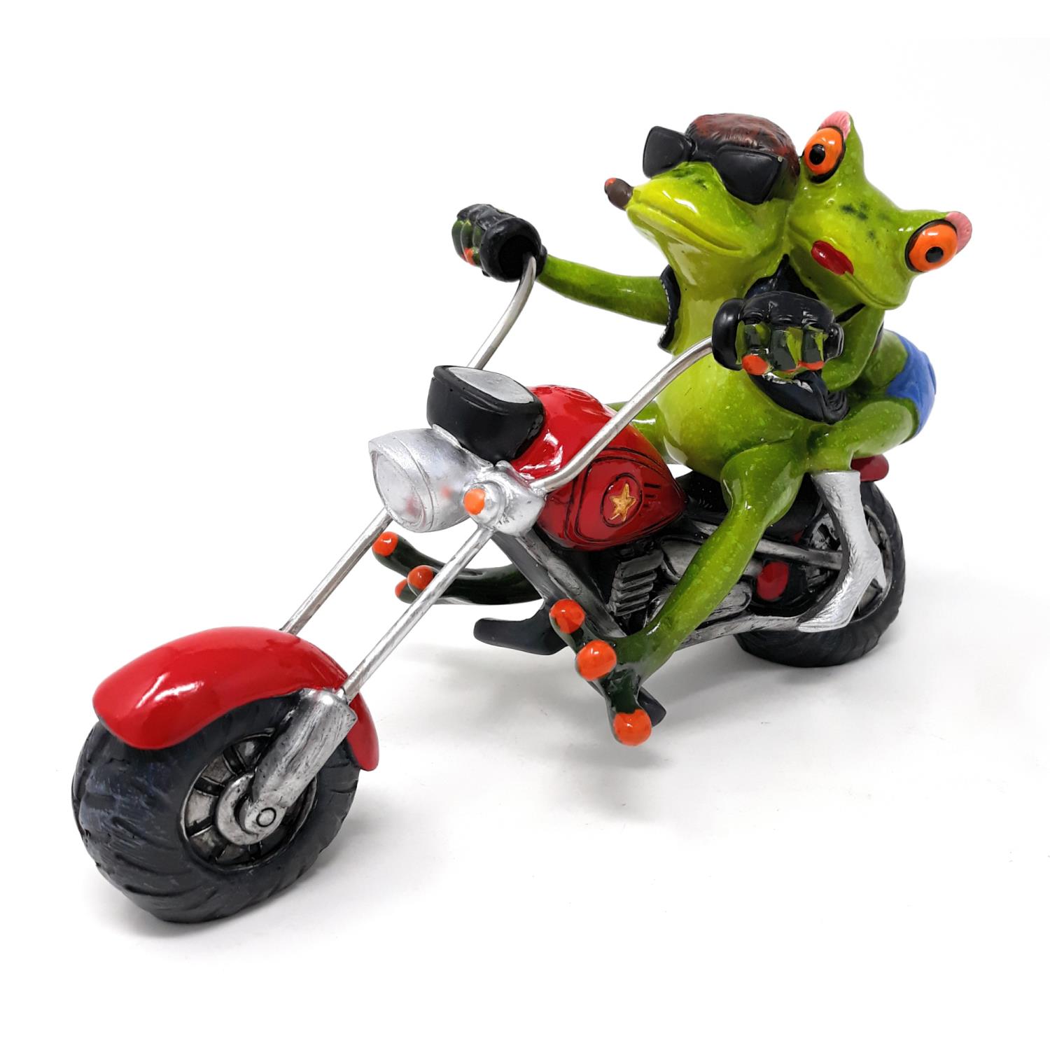Dekofigur Froschpaar Biker auf rotem Motorrad grün von FORMANO Froschhausen